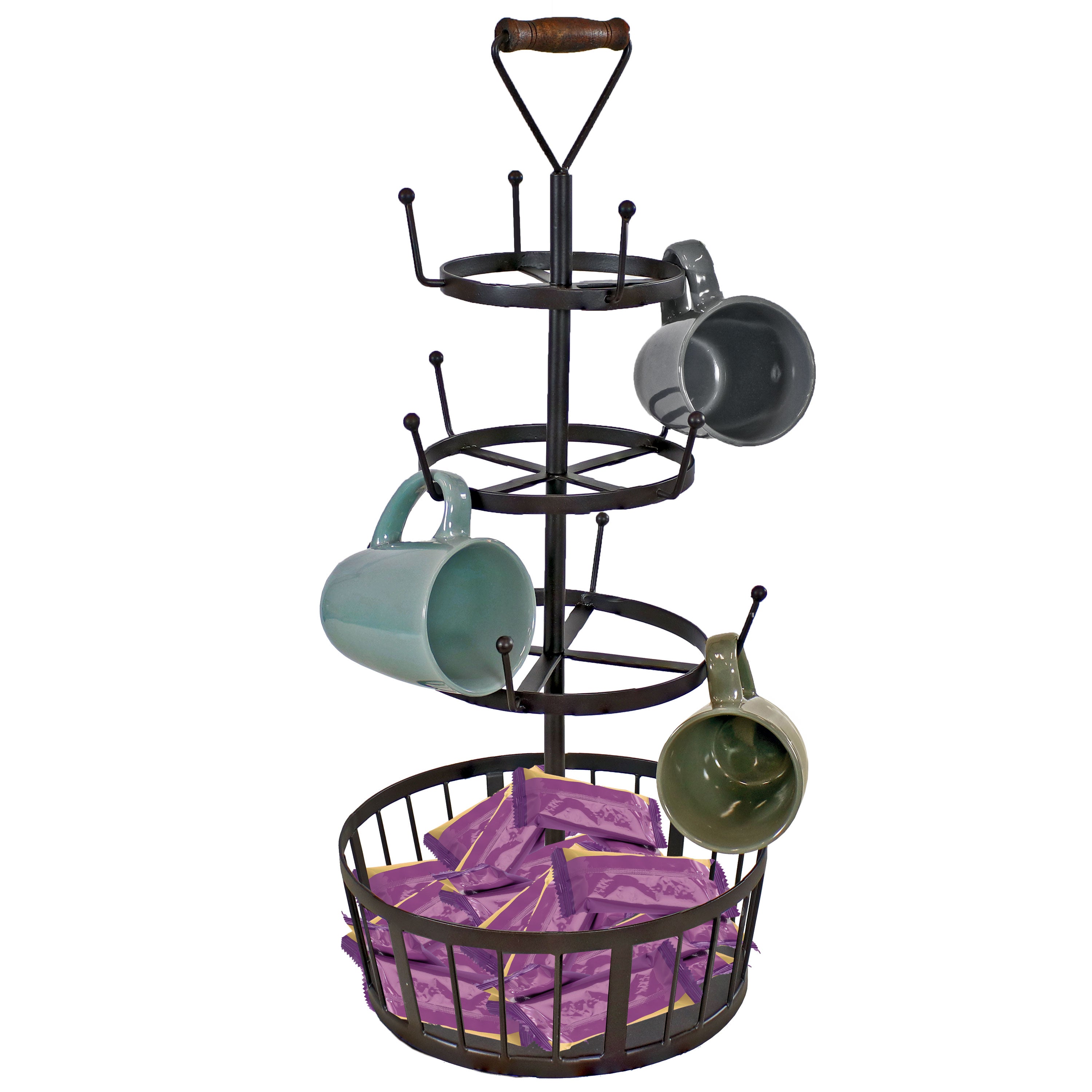 Sunnydaze 4-Tier Round Coffee Mug Tree with Basket - Dark Brown - Perfect for Kitchen, Office, or Dining Room Storage & Organization