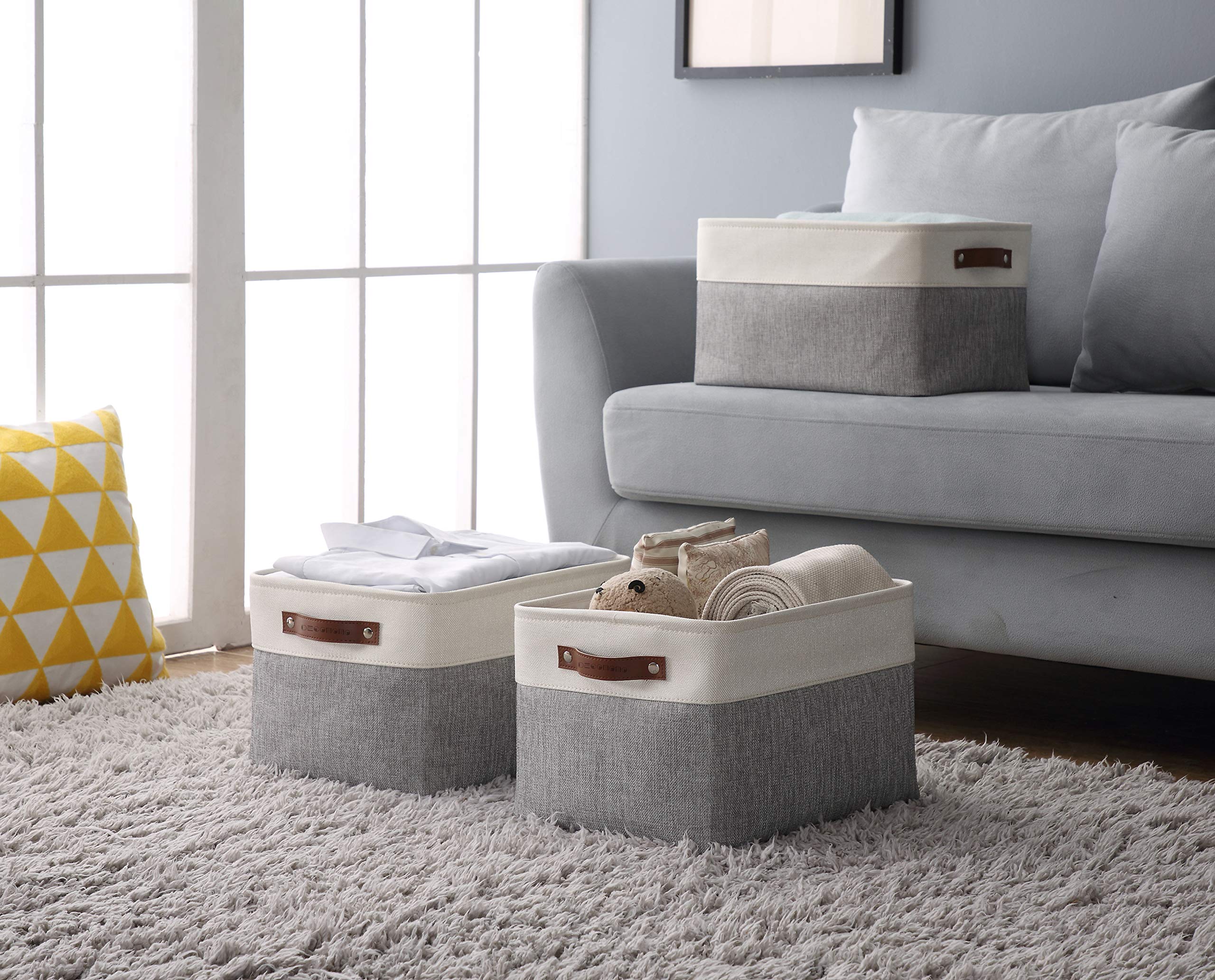 DECOMOMO Fabric Storage Bins - Large Grey & White Storage Baskets (3 Pack) for Shelves, Closet Organization, Toys, Nursery - Perfect for Home, Office & Kids Room Storage Solutions