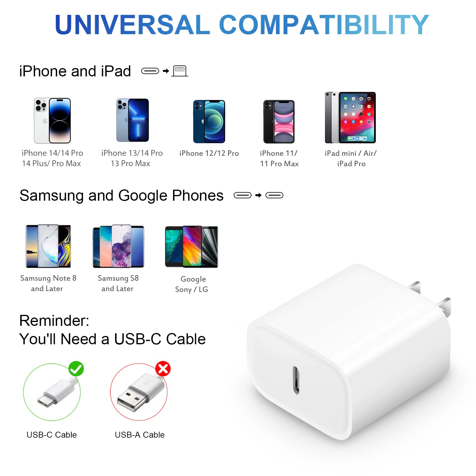 Fast Charging 20W USB-C Charger 3-Pack with 6FT Cables - Compatible with iPhone 14/13/12/11 Series, iPad - Quick Charge for iPhone 14 Pro Max/13 Pro/12 Mini/11 Pro Max/XS - Perfect for Home, Office & Travel Use