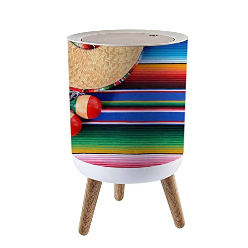 Small Round Trash Can with Lid - 1.8 Gallon Dog Proof Wastebasket with Mexican Blanket & Sombrero Design - Press Cover Garbage Bin for Kitchen, Bathroom, Living Room - Perfect for Home, Office & Dorm Decor