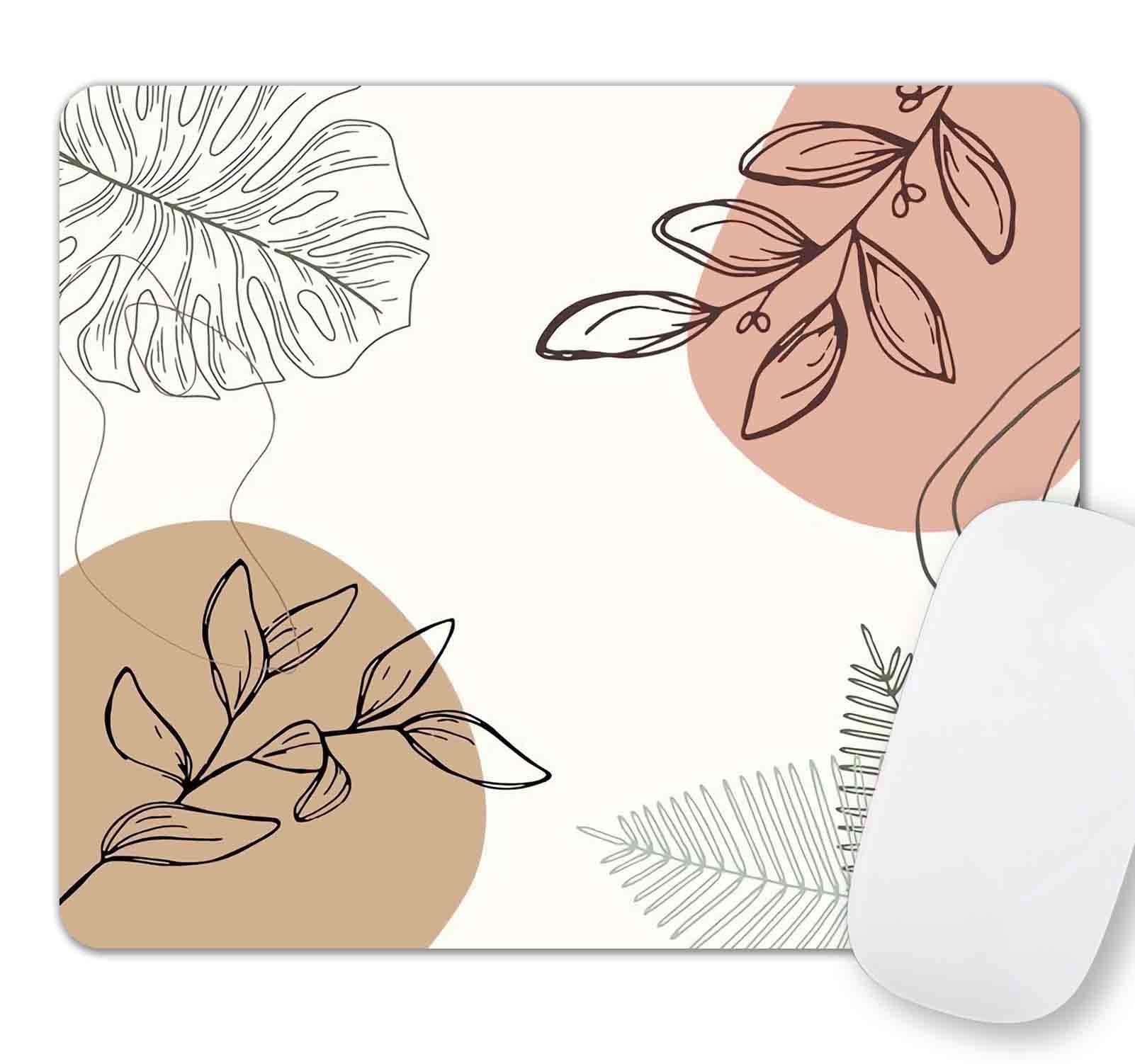 Premium Small Rectangle Mouse Pad - Custom Cute Design with Non-Slip Rubber Base & Washable Cloth Surface - Aesthetic Abstract Leaves Pattern for Women - Perfect for Office, Gaming & Home Computer Use