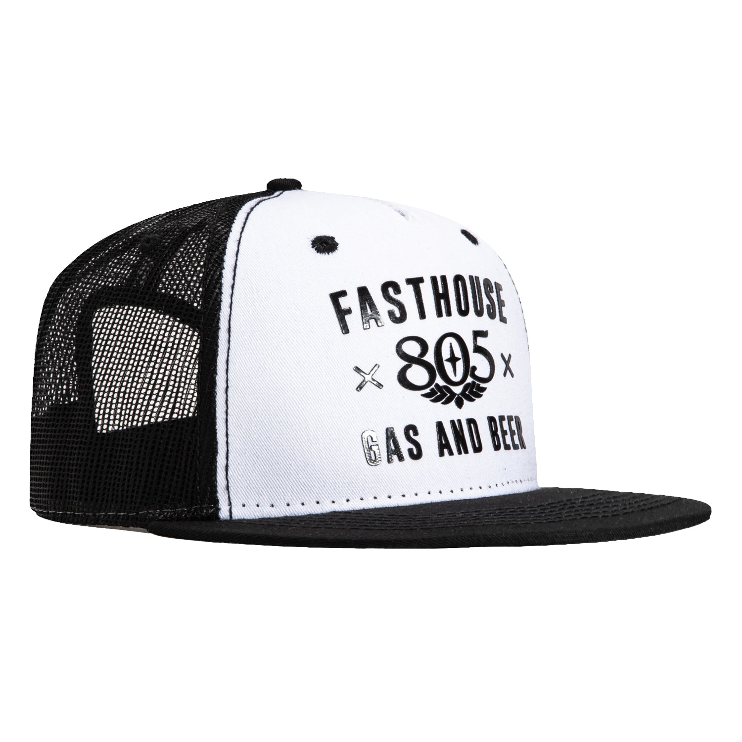 Fasthouse Gas & Beer Trucker Snapback Hat - White & Black Adjustable Baseball Cap for Men & Women | Perfect for Motorcycle Riding, Concerts, and Outdoor Adventures