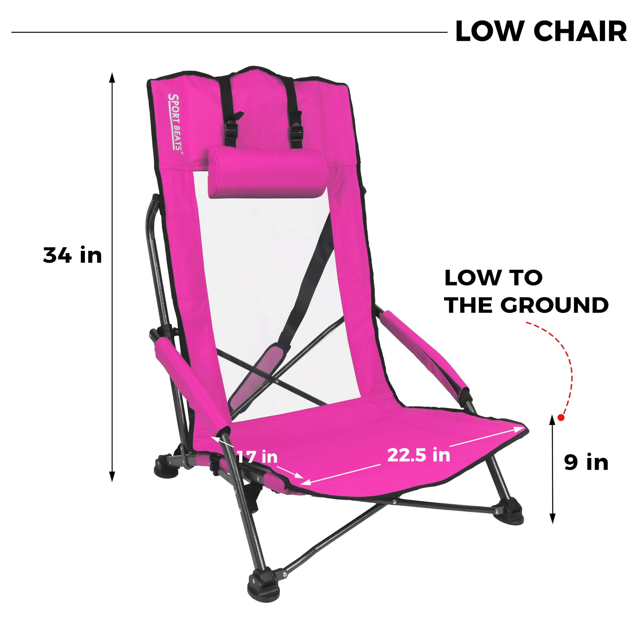 SPORT BEATS Low Beach Chairs Set of 2 - Portable Folding Chairs with High Back Support, Head Pillows & Shoulder Straps - Perfect for Beach, Camping, Picnics & Outdoor Relaxation