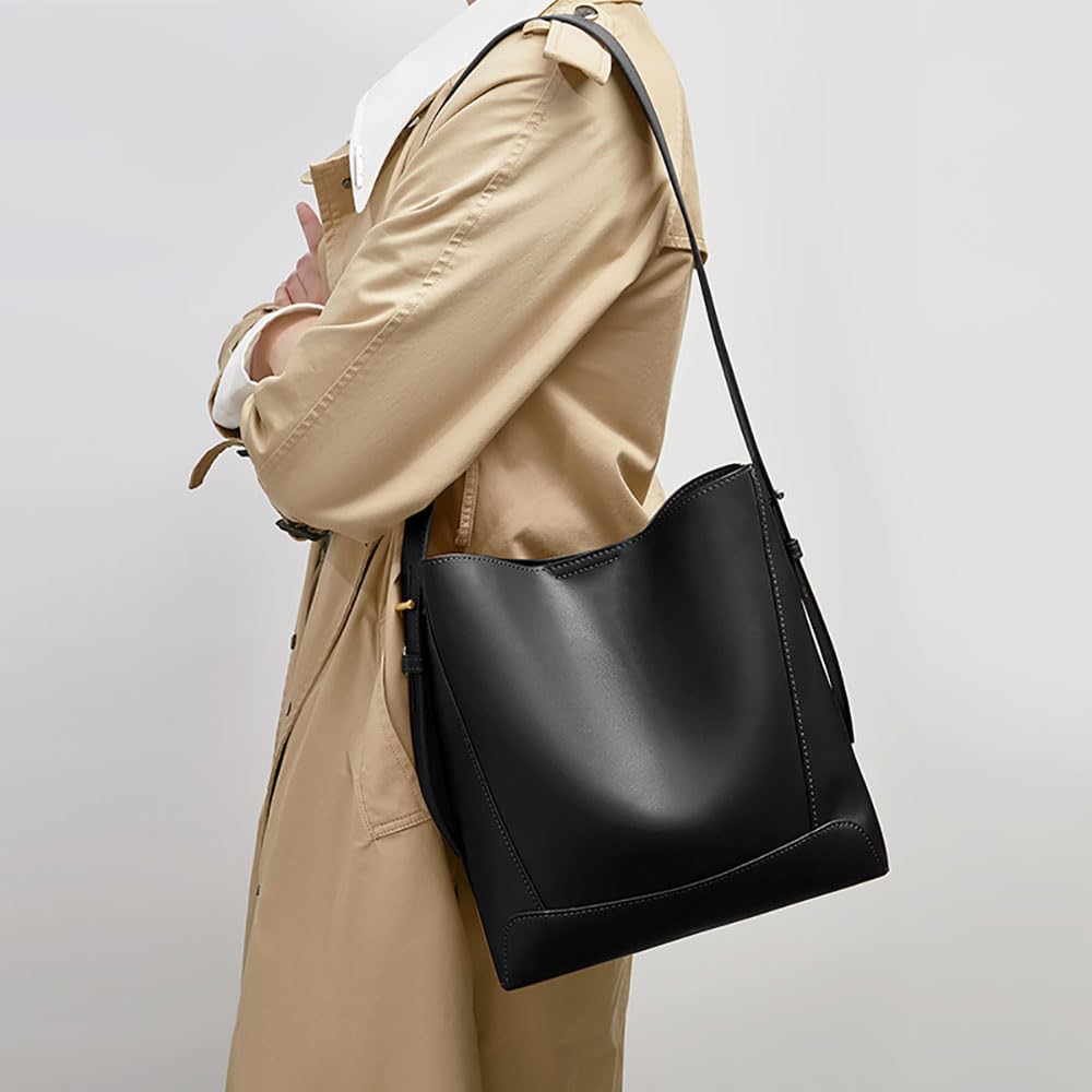 FOXLOVER Genuine Leather Bucket Tote Bag for Women - Fashion Designer Handbag with Multiple Pockets & Magnetic Closure - Perfect for Work, Travel and Daily Use