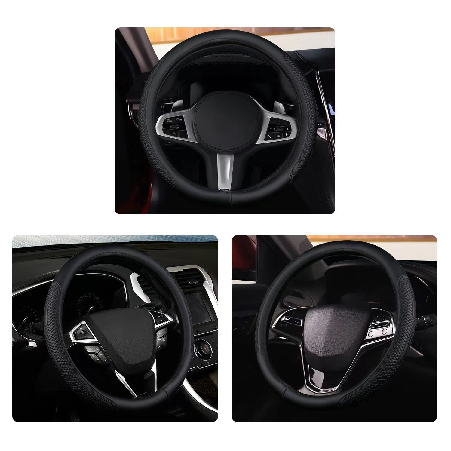 Universal 15 Inch Leather Steering Wheel Cover - Non-Slip Sport Grip for Enhanced Driving Control (Black) | Perfect for Cars, Trucks & SUVs - Improves Comfort & Safety During Long Drives