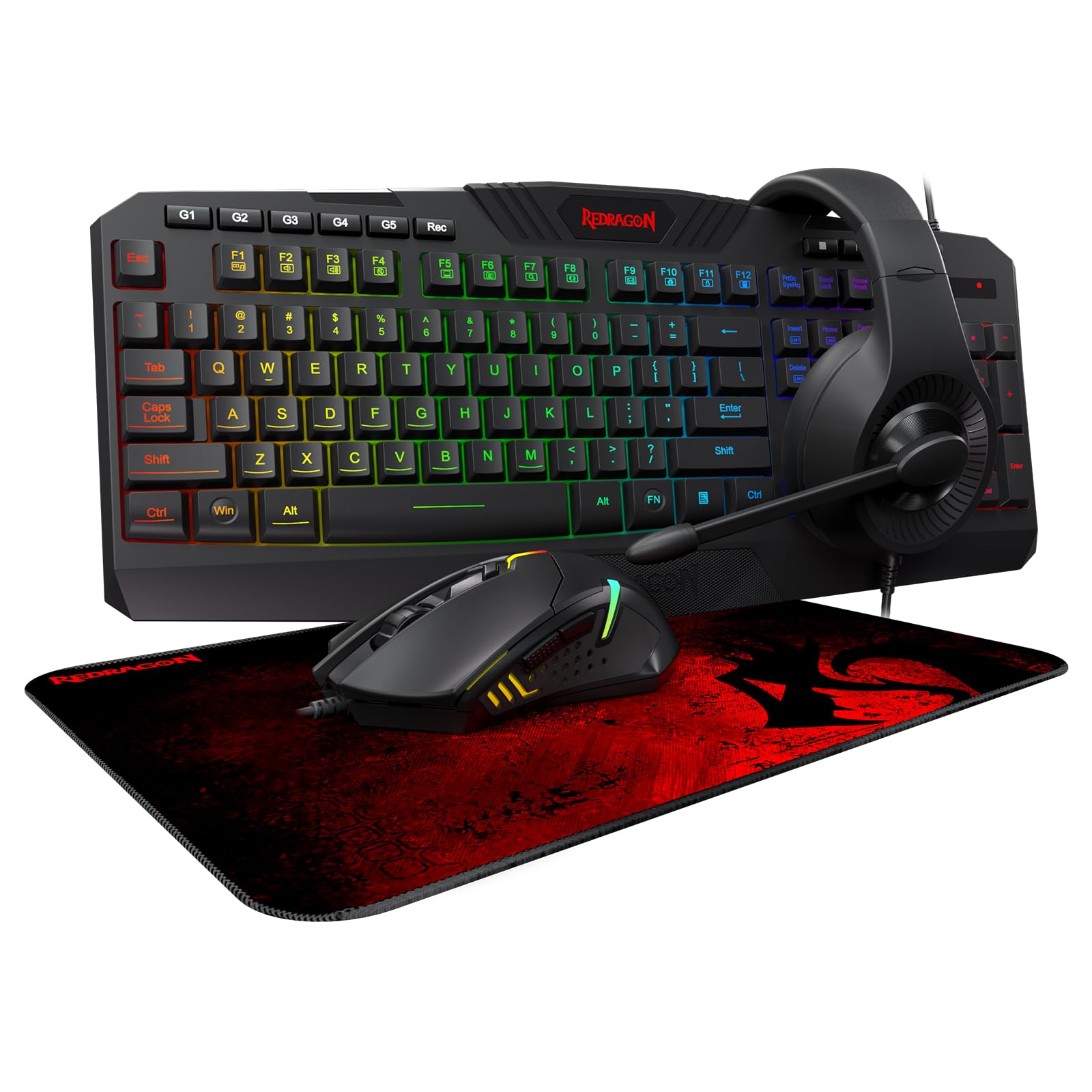 Redragon S101-3 RGB Backlit Wired Gaming Keyboard and Mouse Combo with Programmable Keys (800-7200DPI) - Complete PC Gaming Bundle Includes Headset & Mouse Pad for Windows - Perfect for Esports, Streaming & Competitive Gaming (Black)