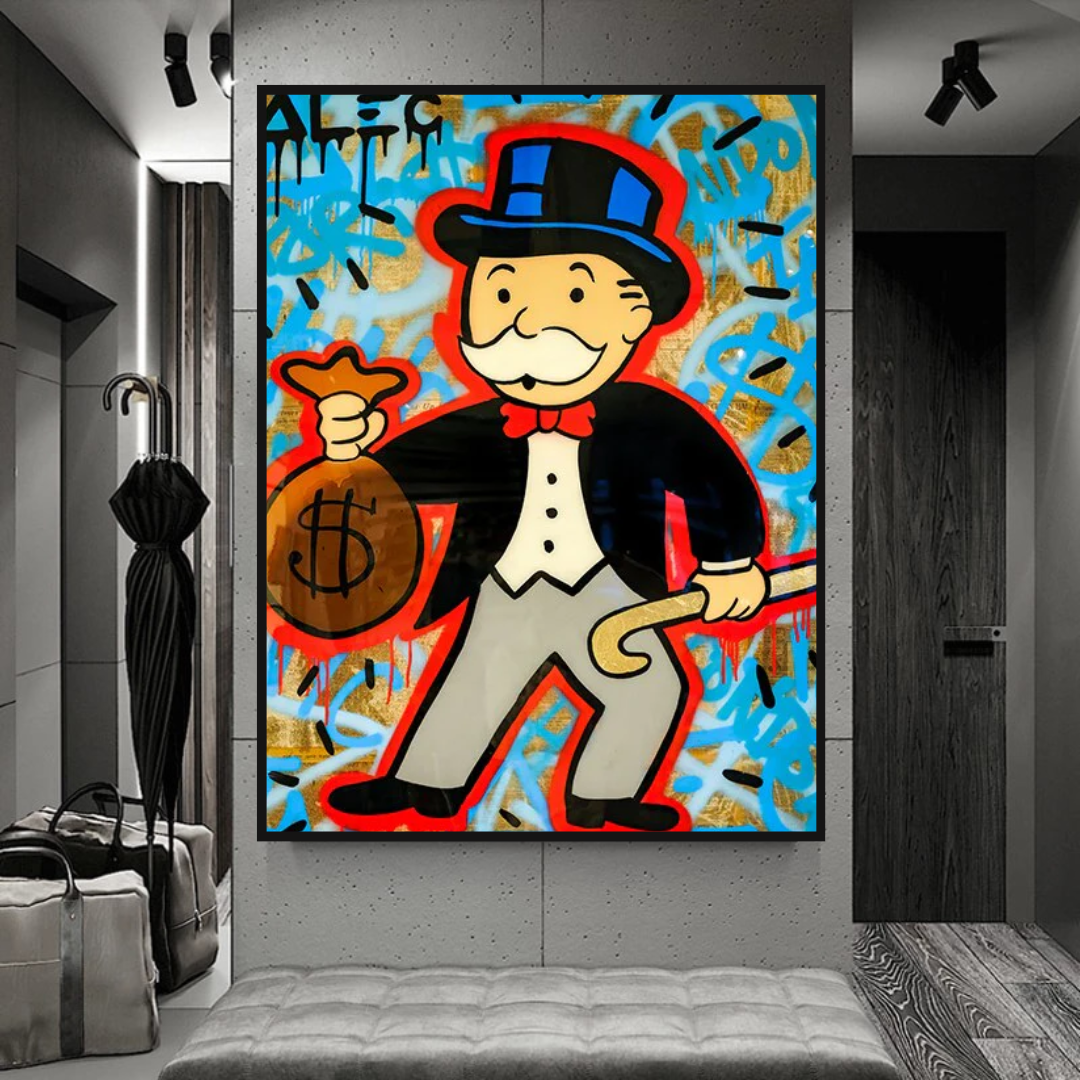 Alec Monopoly Money Bag Canvas Wall Art - Modern Pop Art Home Decor for Living Room, Bedroom & Office