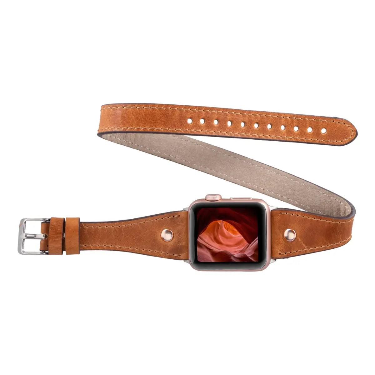 Camel Brown Leather Double Tour Slim Apple Watch Band with Gold Rivet - Stylish & Durable Replacement Strap for Work, Travel & Everyday Wear