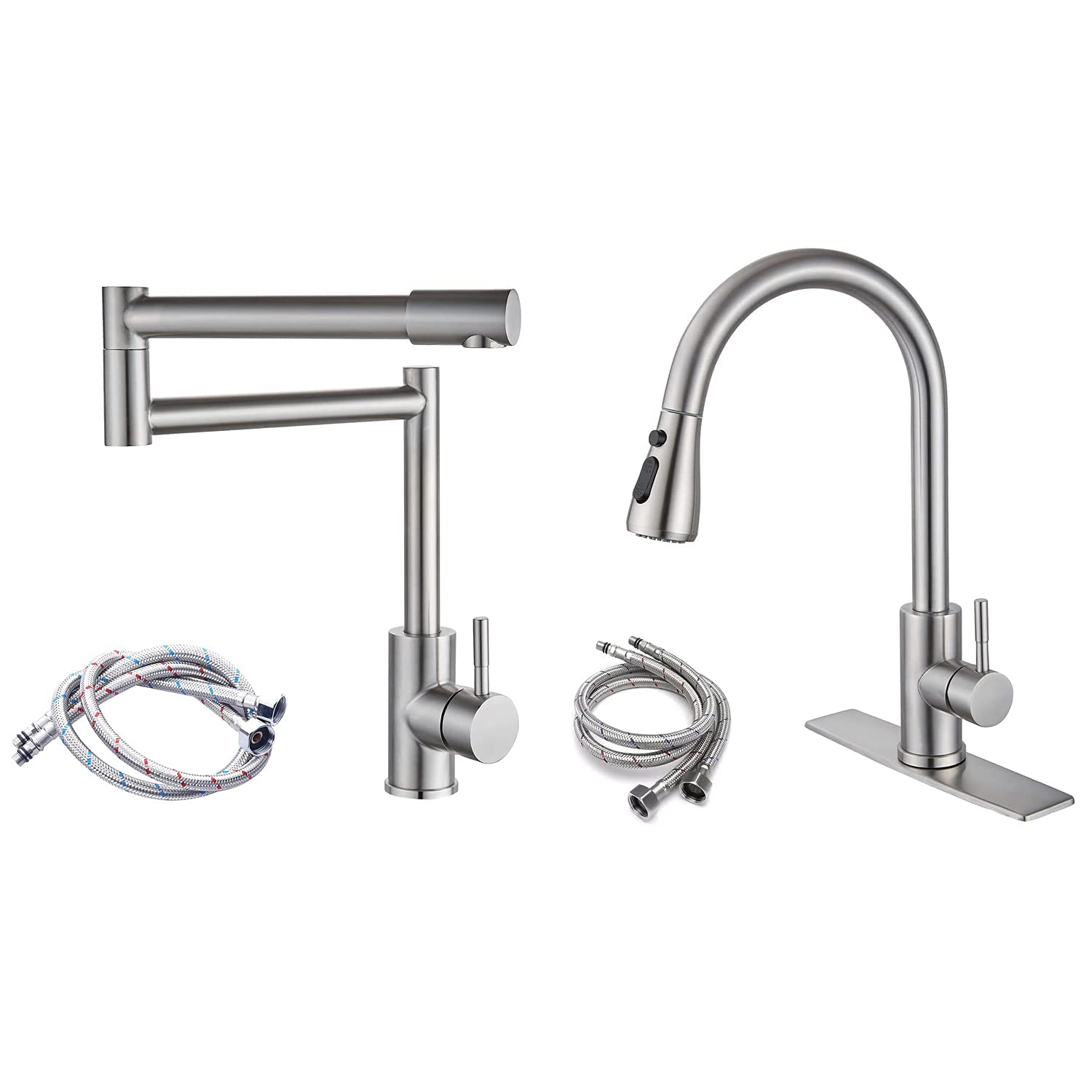 Modern Deck Mounted Pull Down Kitchen Faucet - Single Handle Brushed Nickel Pot Filler with High Arc & Free Rotating Double Joints | Perfect for Bar Sinks, Cooking & Washing Vegetables