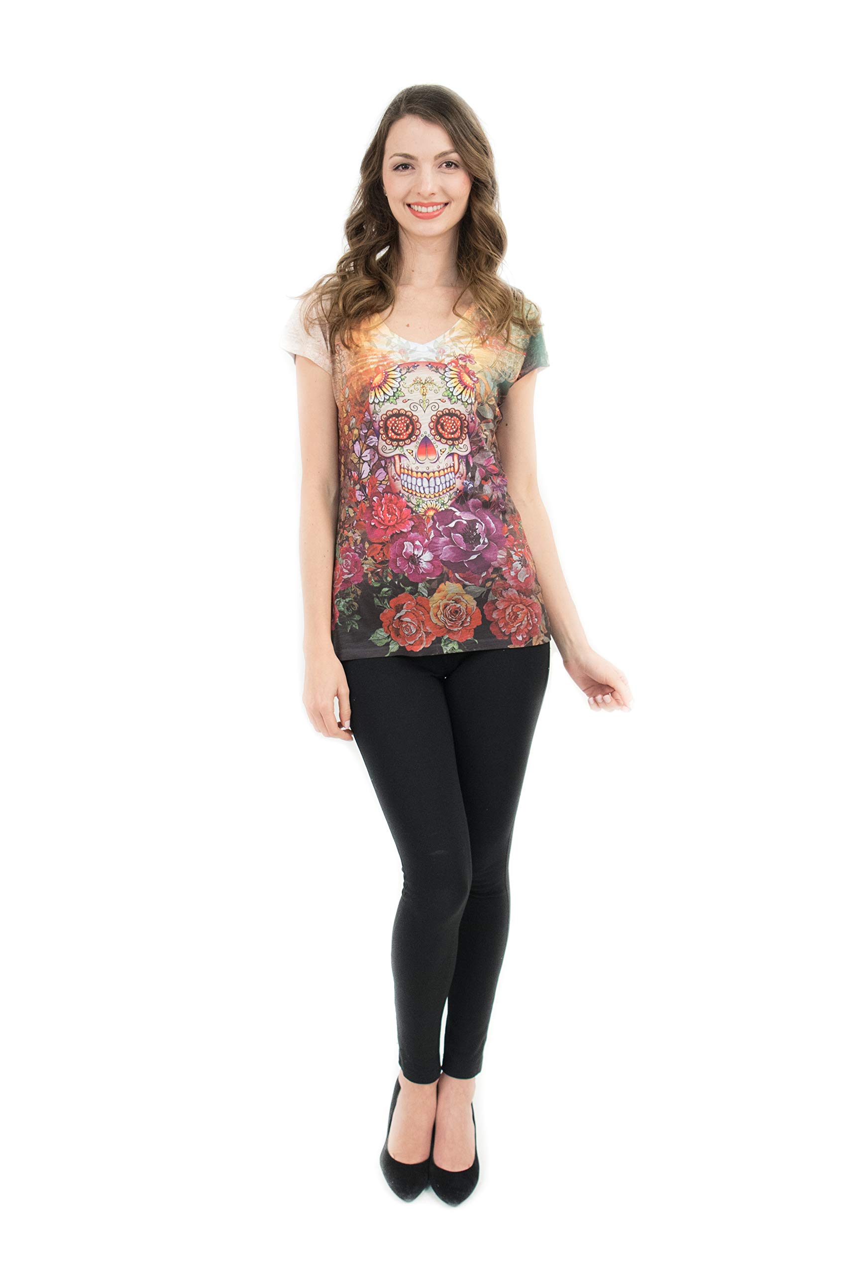 USA-Made Women's Sugar Skull V-Neck T-Shirt with Rhinestone Decorations - Gothic Fashion, Day of the Dead Celebration, Halloween Costume, Casual Wear