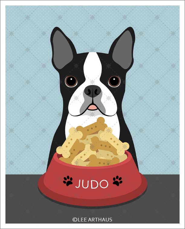 Personalized Name Boston Terrier Dog with Biscuits in Bowl - Custom Pet Portrait Wall Art Print by Lee ArtHaus | Perfect for Dog Lovers, Pet Memorial Gifts & Home Decor