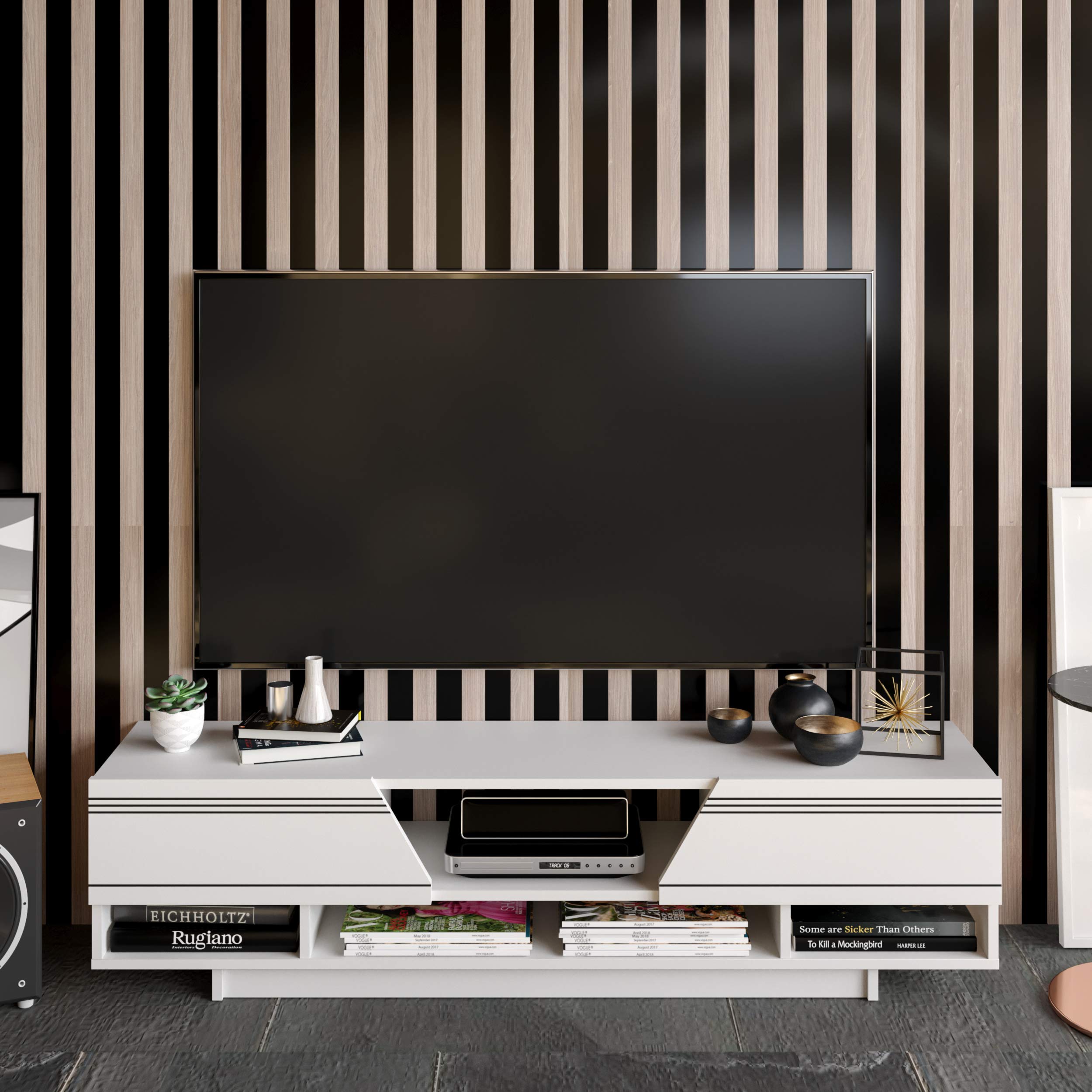 Decorotika Aspatria TV Stand for up to 65 Inch TVs - Modern Entertainment Center with Storage Shelves (White) - Perfect for Living Room, Bedroom & Home Theater Setup