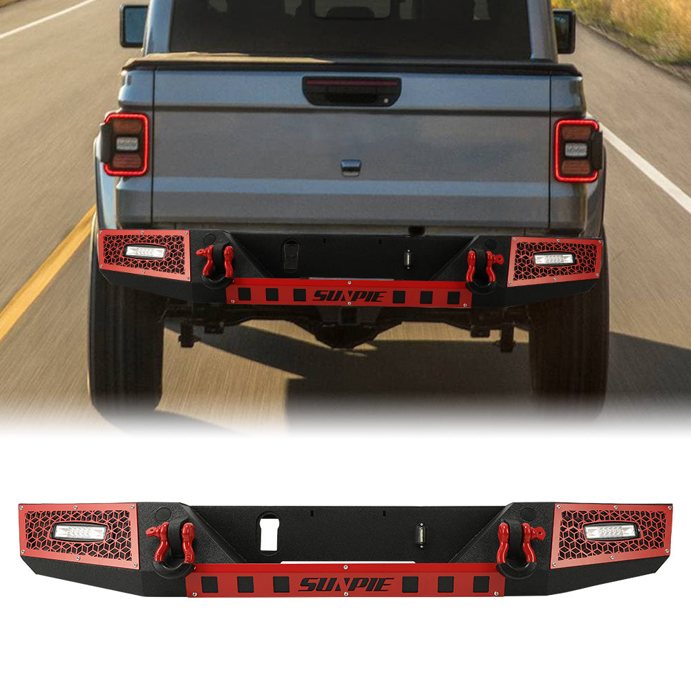 2019-2024 Jeep Gladiator JT Heavy Duty Rear Bumper with License Plate Mount, Parking Sensor Cutouts, D-Ring Tow Points & LED Lights | Off-Road Adventure & Truck Protection