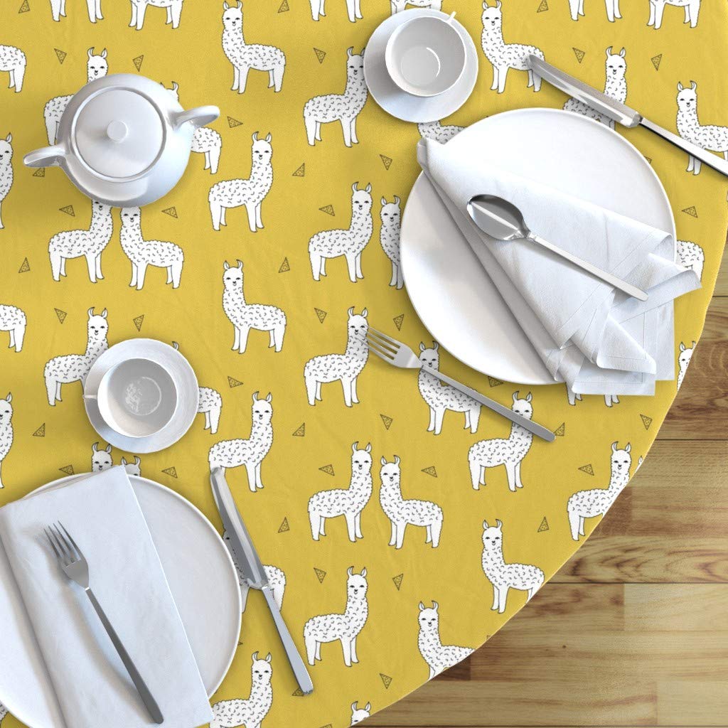 Cute Llamas & White Alpacas Print Cotton Sateen Tablecloth - 90