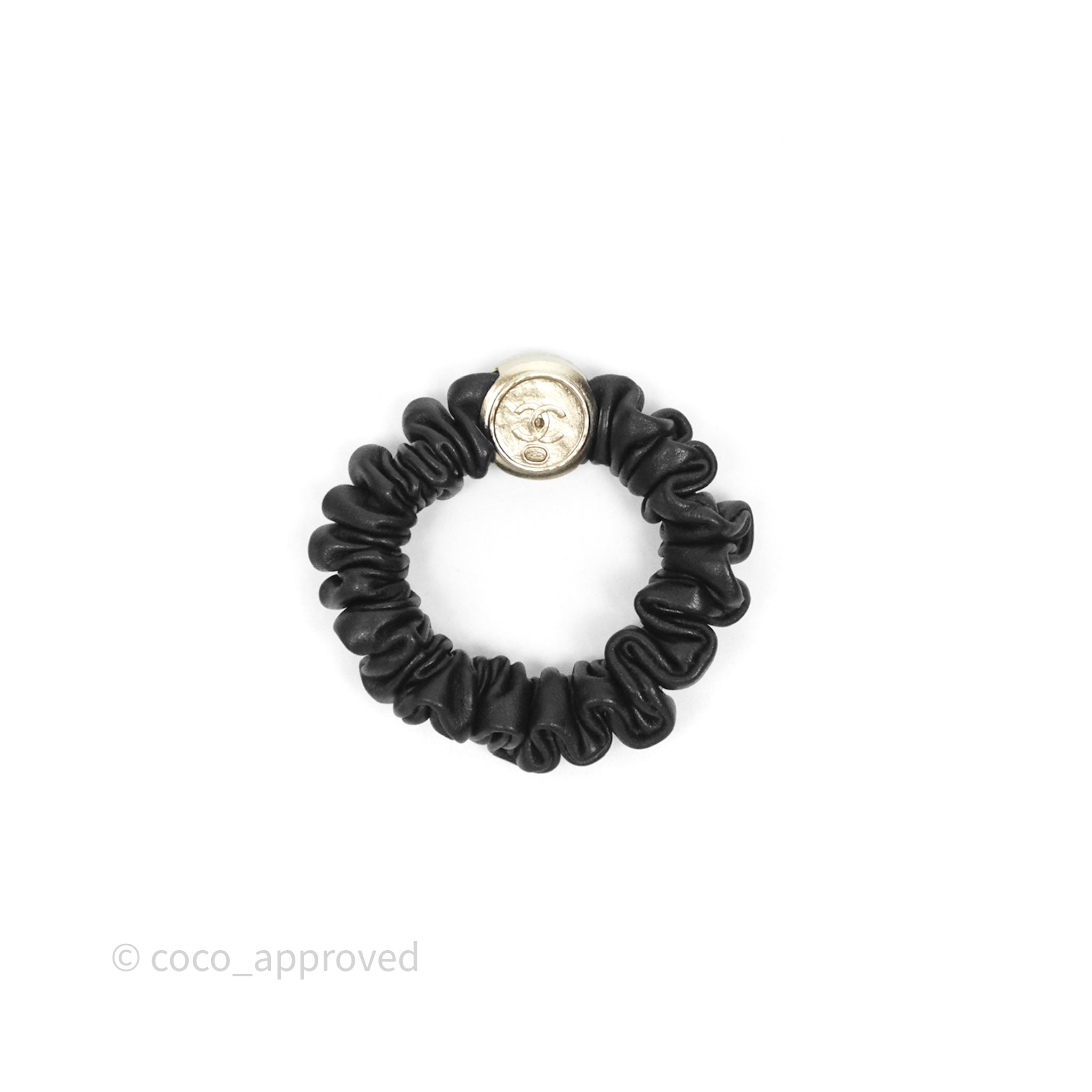 Chanel CC Logo Black Leather Scrunchie Hair Tie with Gold Tone Hardware - Elegant Hair Accessory for Women, Perfect for Parties, Weddings & Everyday Wear