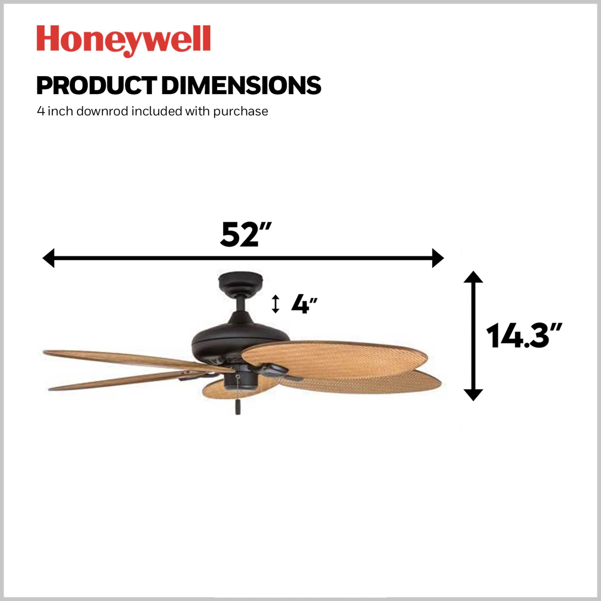 Honeywell 52 Inch Tropical Ceiling Fan for Indoor & Outdoor Use - No Light, Pull Chain, 3 Mounting Options, 5 Palm Leaf Blades, Damp-Rated (Model 50505-01, Bronze) - Perfect for Patio, Porch, Living Room & Bedroom Cooling