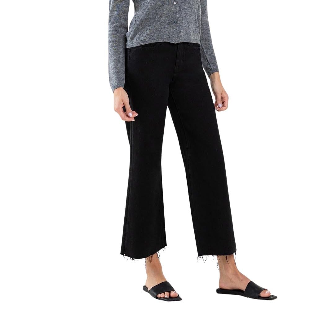 Jet Black High-Rise Raw Hem Cropped Wide Leg Jeans for Women - Trendy Distressed Denim Pants for Casual Outfits, Street Style & Everyday Wear