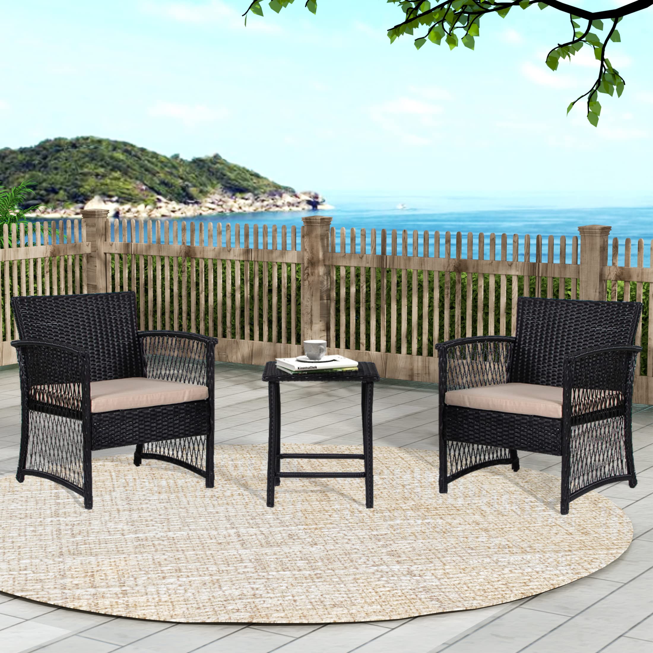 WestinTrends Melvi 3-Piece All-Weather PE Rattan Patio Furniture Set - Outdoor Wicker Bistro & Conversation Set in Black & Beige - Perfect for Backyard, Garden, Poolside & Balcony Relaxation