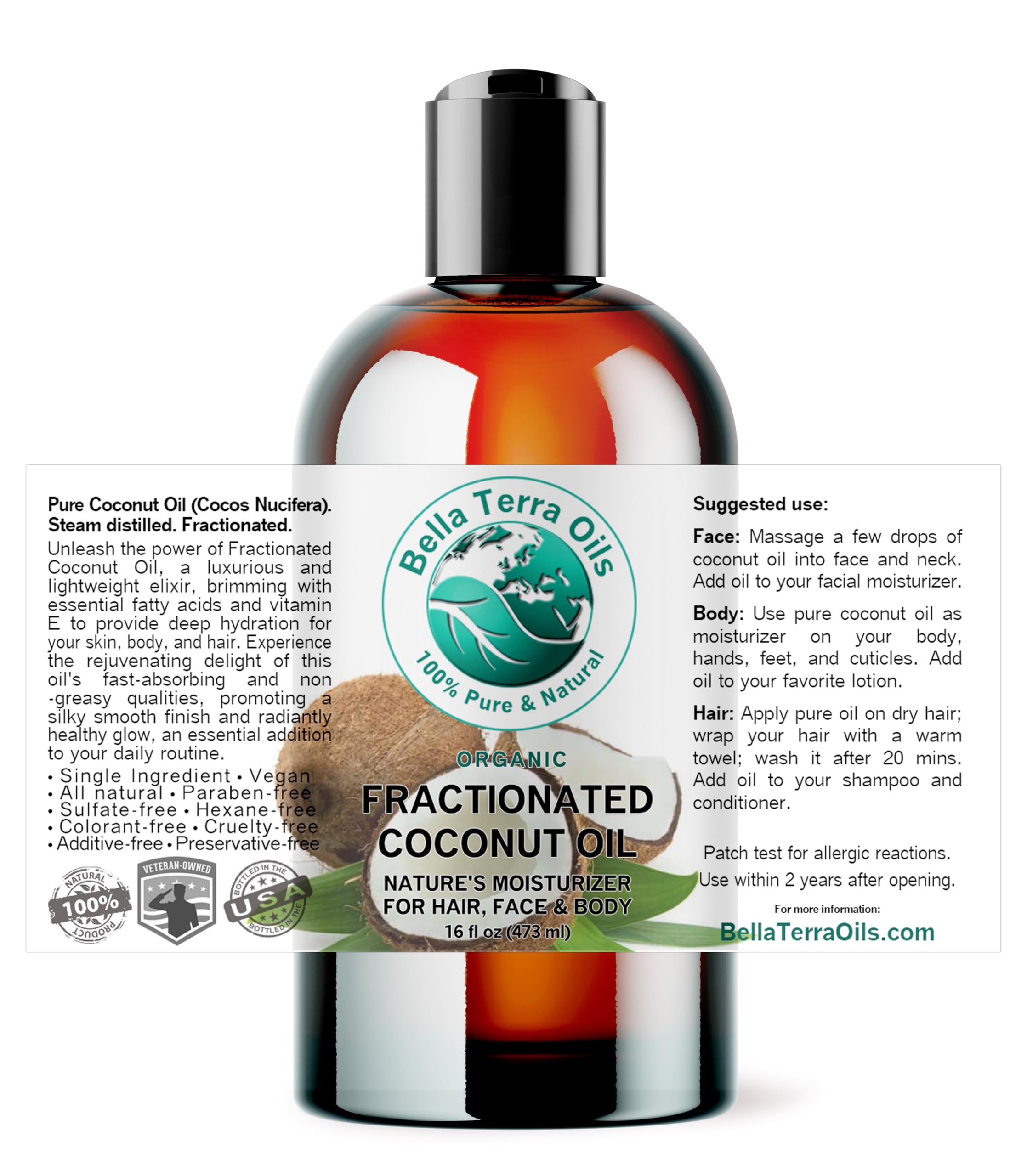 Organic Fractionated Coconut Oil 16 oz by Bella Terra - Pure MCT Oil for Skin Care, Hair & Massage | Antioxidant-Rich, Non-GMO, Vegan | Perfect for Aromatherapy, Cooking & DIY Beauty Products