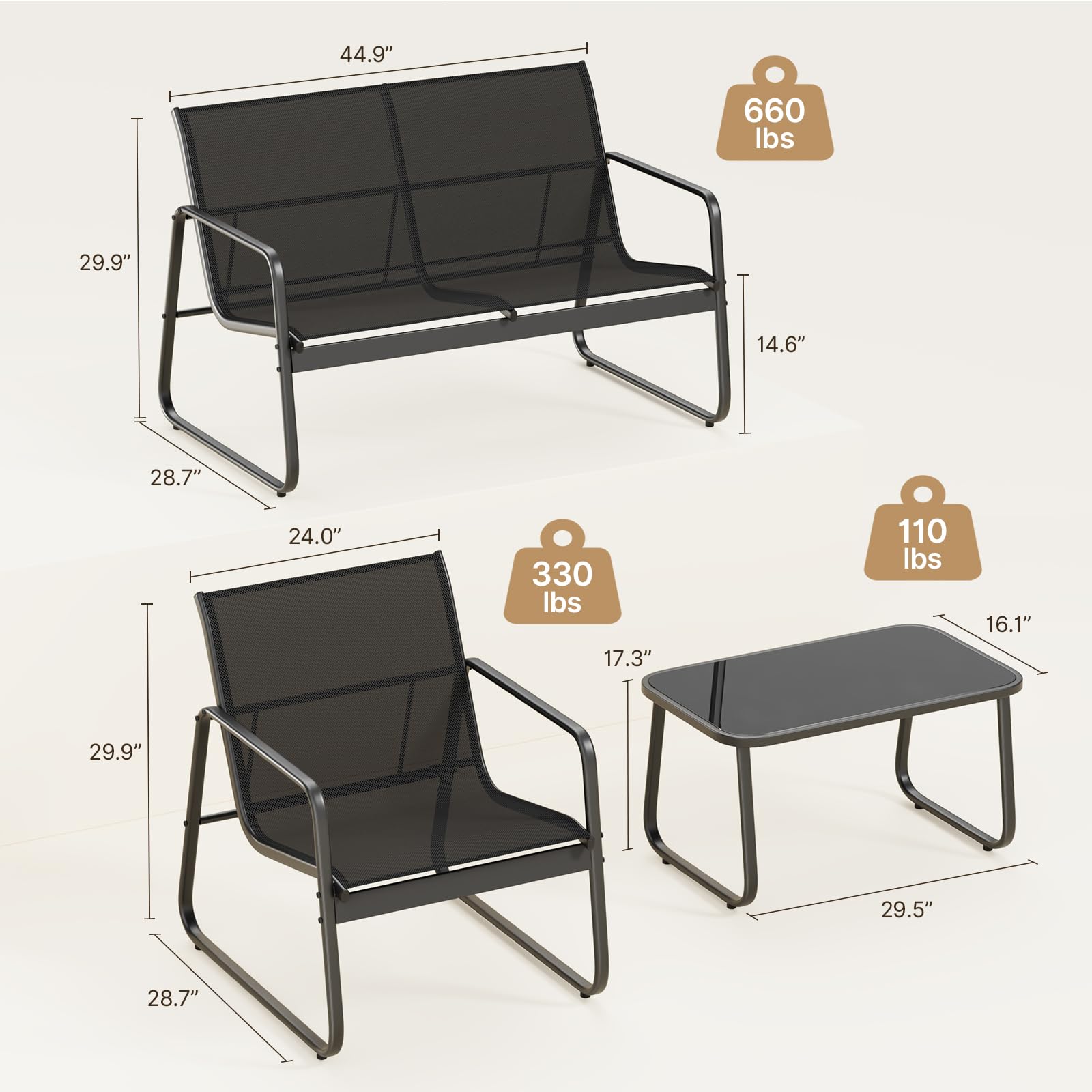 Gizoon 4-Piece Outdoor Patio Furniture Set - Black Loveseat, 2 Chairs & Bistro Table for Backyard, Balcony, Garden, Lawn - Perfect for Relaxing, Entertaining & Outdoor Dining
