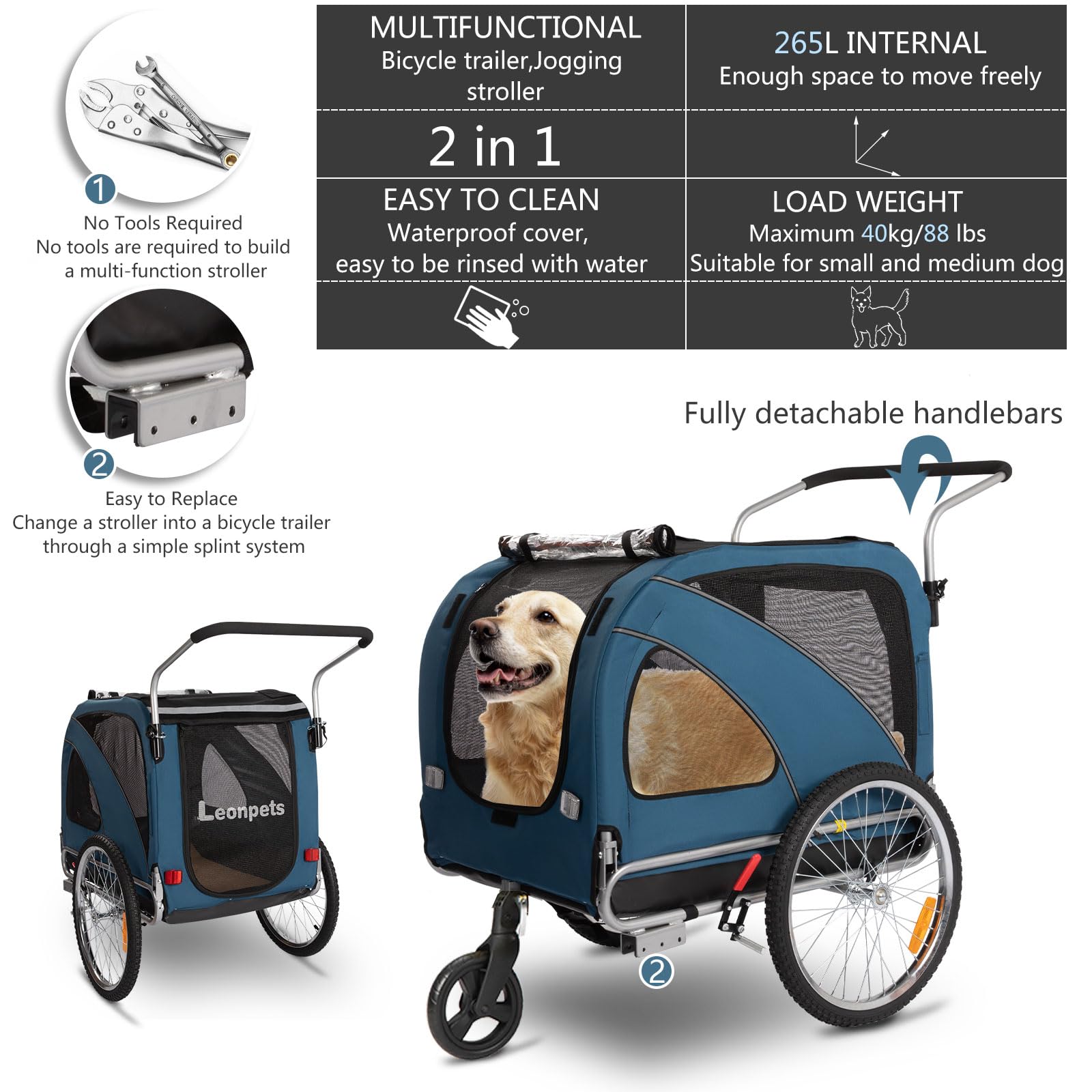 Sepnine 2-in-1 Large Dog Bike Trailer & Pet Stroller - Foldable Frame with Hand Lock Brakes & Universal Bicycle Coupler (Blue) - Perfect for Cycling, Jogging & Outdoor Adventures with Your Dog