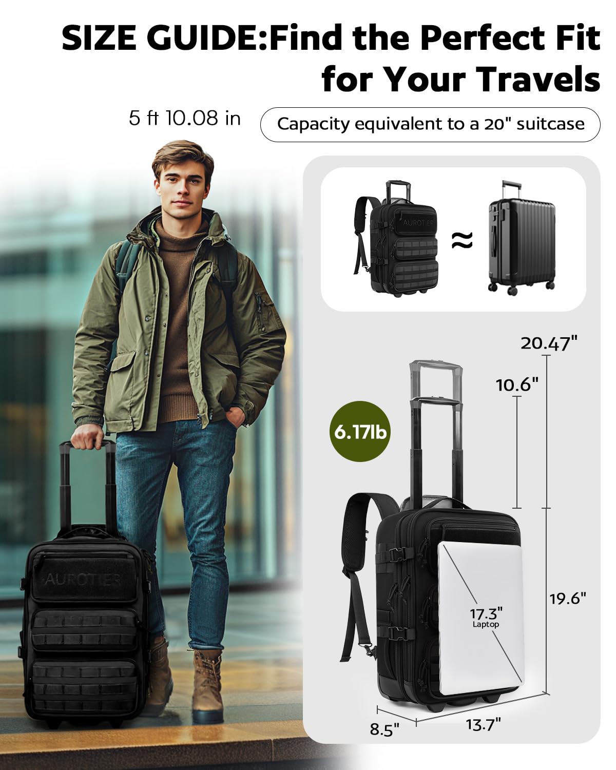Tactical Rolling Laptop Backpack for Men & Women - 17 Inch Wheeled Military Computer Bag with MOLLE System | Water-Resistant Carry-On Luggage for Work Travel, Outdoor Hiking & Overnight Trips (Black) - Perfect for Business Commuters, College Students & Adventure Travelers