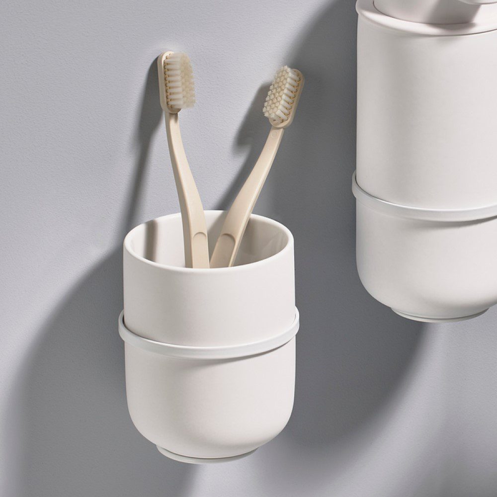 ZONE DENMARK Ume Tumbler & Toothbrush Holder - Premium Ceramic Bathroom Organizer for Toothbrushes, Cups & Essentials - Perfect for Modern Bathroom, Kitchen Counter or Vanity Decor (White)