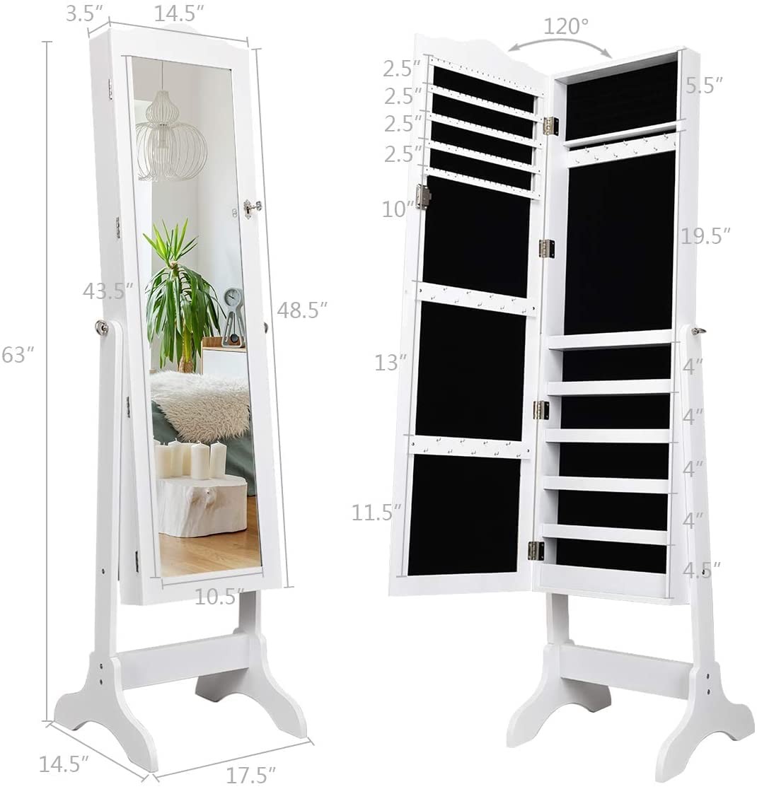 Byroce Freestanding Jewelry Armoire with Full-Length Mirror - Lockable Jewelry Organizer Cabinet with 4 Adjustable Angles, Large Capacity Jewelry Storage for Women & Girls (White) | Perfect for Bedroom, Closet & Dressing Room Organization