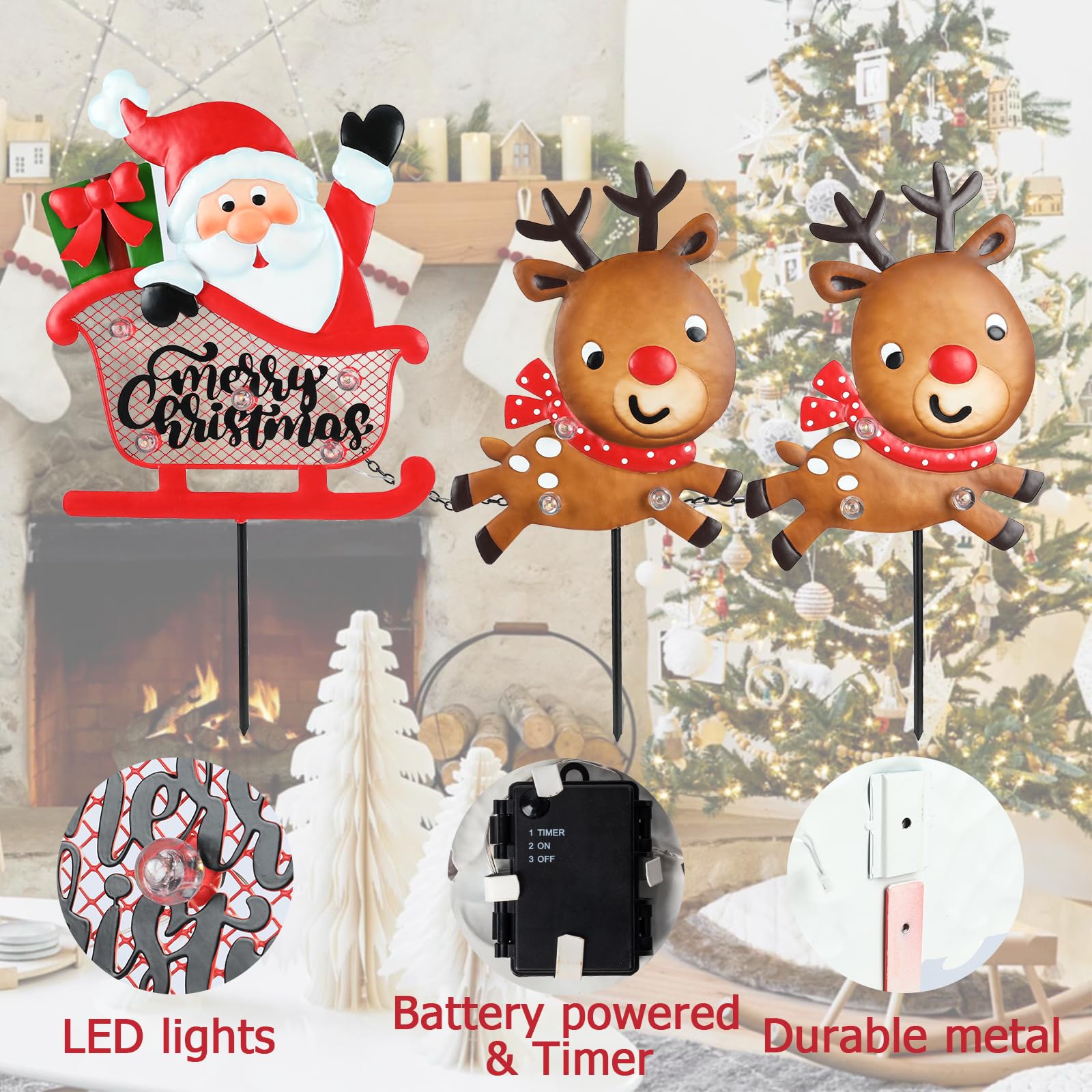 LED Santa Claus & Reindeers Sleigh Christmas Yard Stakes - Outdoor Lighted Metal Decorations for Garden, Lawn & Pathway | Perfect for Holiday Festivities, Front Yard Displays & Seasonal Celebrations