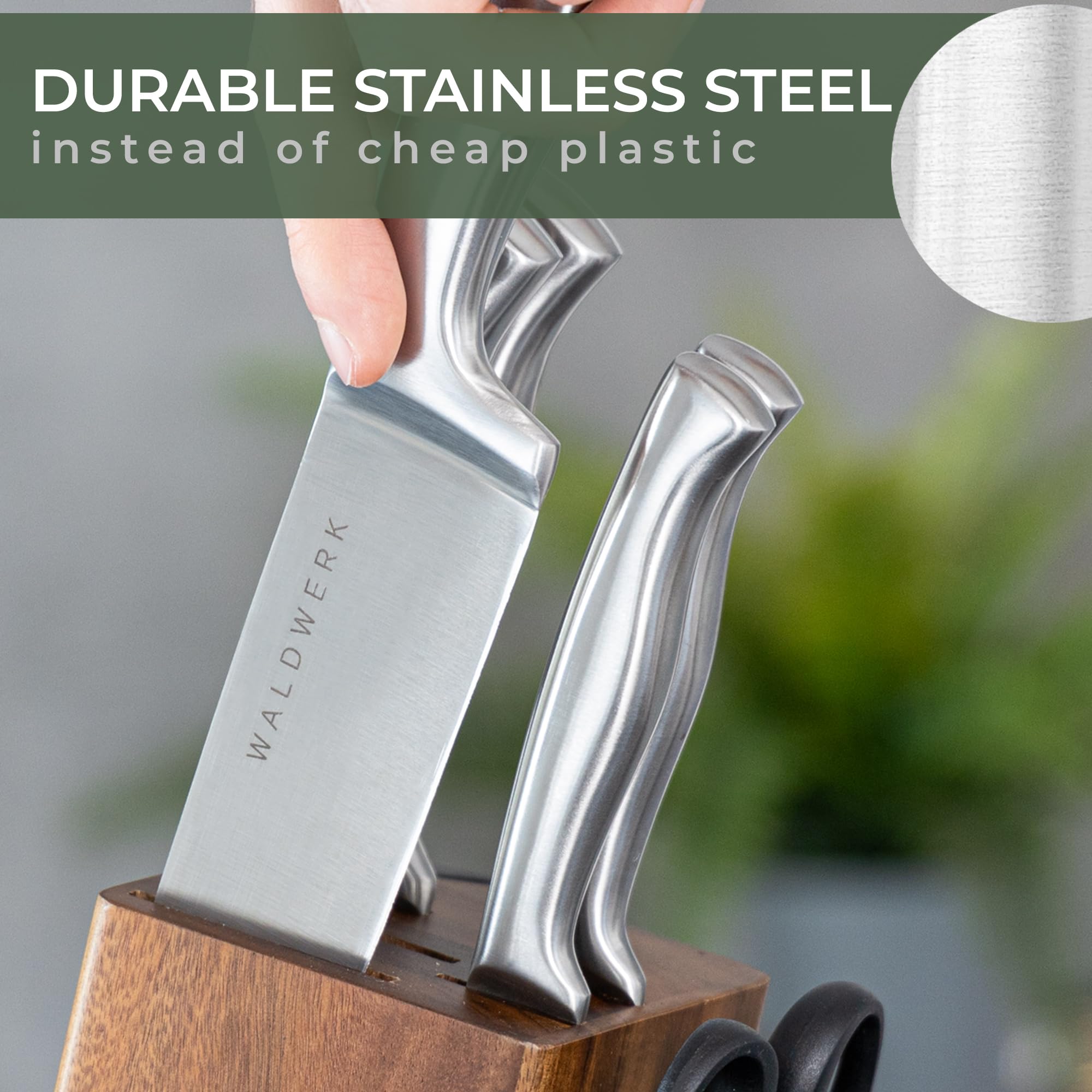 Premium WALDWERK 7-Piece Kitchen Knife Set with Wooden Block & Built-in Sharpener - High-Quality Stainless Steel Knives for Chefs & Home Cooking - Perfect for Slicing, Dicing & Meal Prep