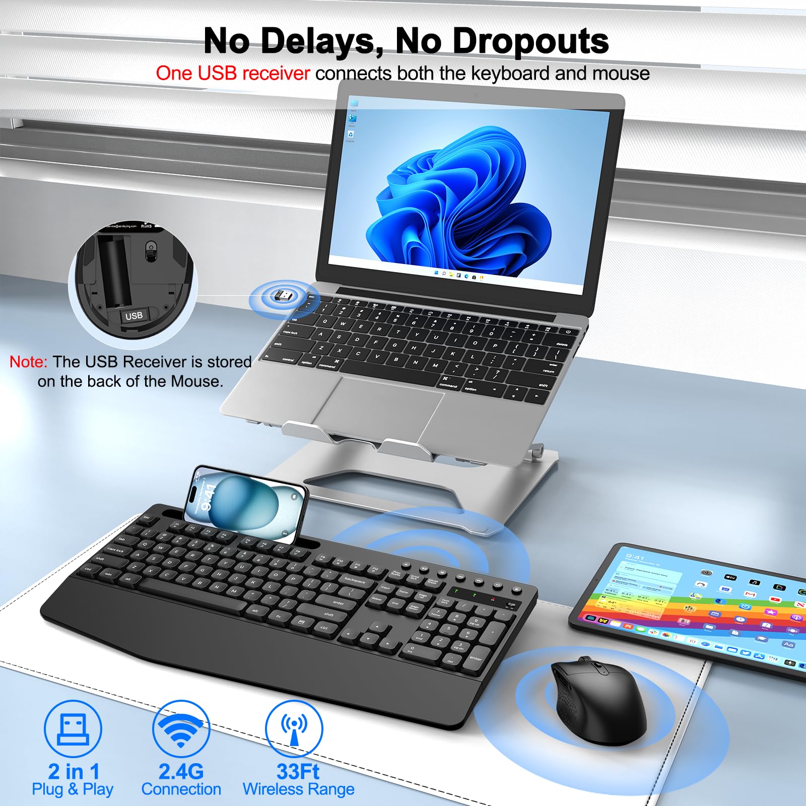 Ergonomic Wireless Keyboard and Mouse Combo with Palm Rest & Phone Holder - Full-Size Quiet Design for Comfortable Typing - Compatible with Windows, Mac, PC, Laptop (Black) - Perfect for Office Work, Gaming & Home Computing