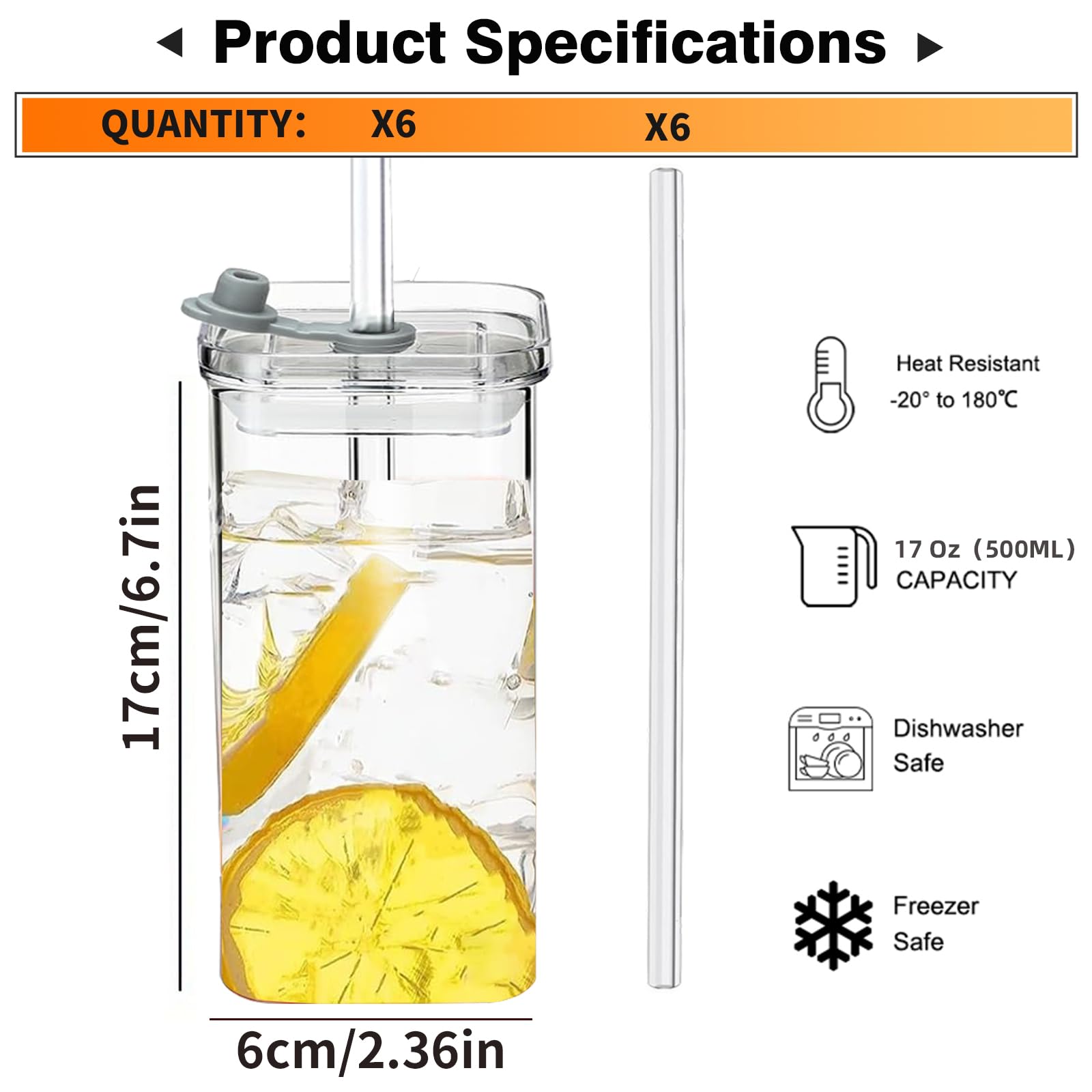 6-Pack 17oz Square Drinking Glasses for Cocktails, Coffee & Beer