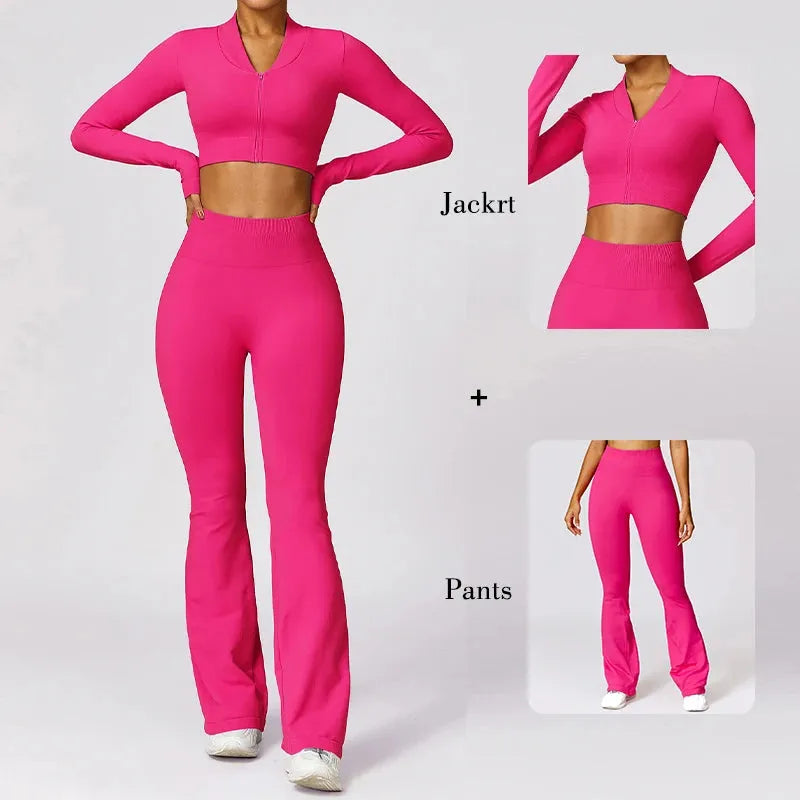 2 Pcs Women's Workout Set - Flared Yoga Pants & Long Sleeve Top - Quick Dry Gym Clothes for Women - Perfect for Yoga, Pilates & Fitness Training