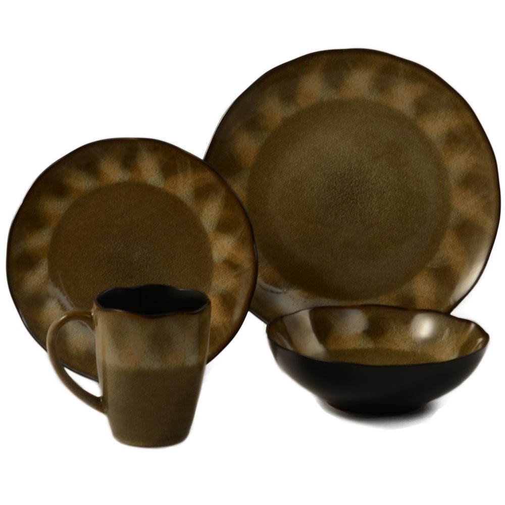 Yaxha 16-Piece Stoneware Dinnerware Set - Round Coupe Plates & Bowls, Light Brown, Service for 4 - Elegant Tableware for Everyday Dining, Dinner Parties & Home Decor