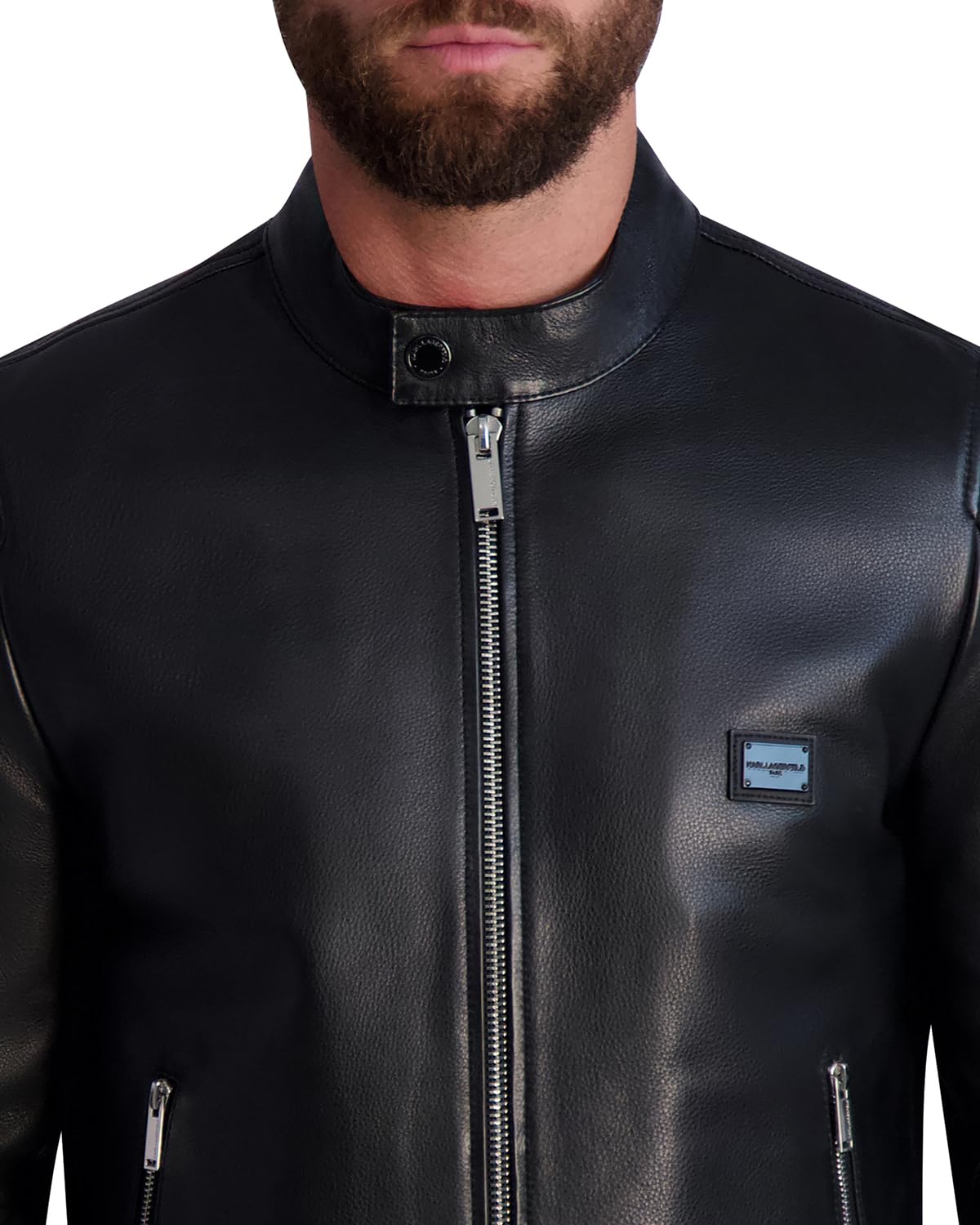 KARL LAGERFELD Men's Genuine Leather Racer Jacket - Slim Fit Biker Style Motorcycle Jacket for Men - Perfect for Riding, Casual Wear & Night Out