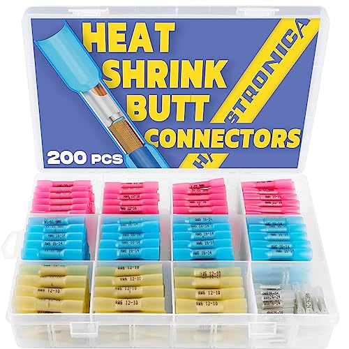 Haisstronica 200PCS Marine Grade Heat Shrink Butt Connectors - 26-10 AWG Waterproof Wire Connectors with Tinned Red Copper for Boat, RV & Automotive Electrical Wiring (4 Colors & 4 Sizes) - Ideal for Marine, Outdoor & DIY Electrical Projects