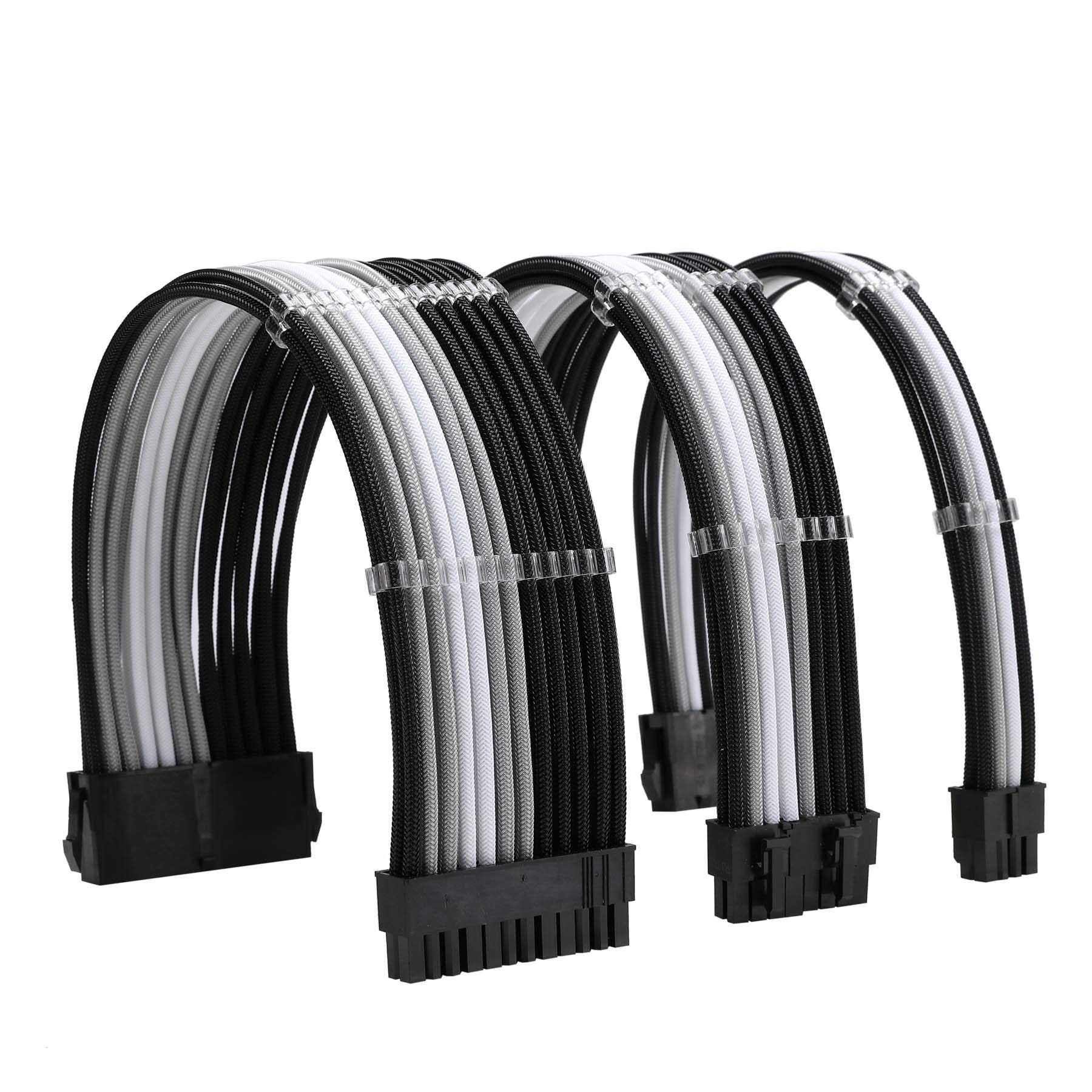 18AWG ATX 24-Pin + EPS 8-Pin + PCI-E 8-Pin Sleeved PSU Extension Cable Kit with Cable Combs - Black/Silver/White for PC Power Supply to Motherboard & GPU - Perfect for Custom PC Builds, Gaming Rigs & Cable Management