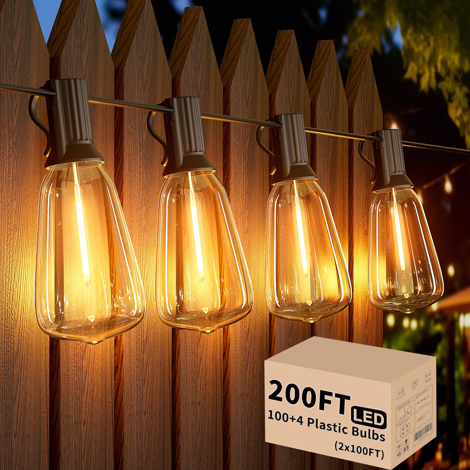 200 FT Outdoor String Lights - 100+4 Shatterproof LED Bulbs, Dimmable & Connectable Commercial Vintage Patio Lights for Backyard, Porch, Cafe, Wedding & Party Decor (2 Pack 100 FT) - Perfect for Outdoor Dining, Garden Lighting and Special Events