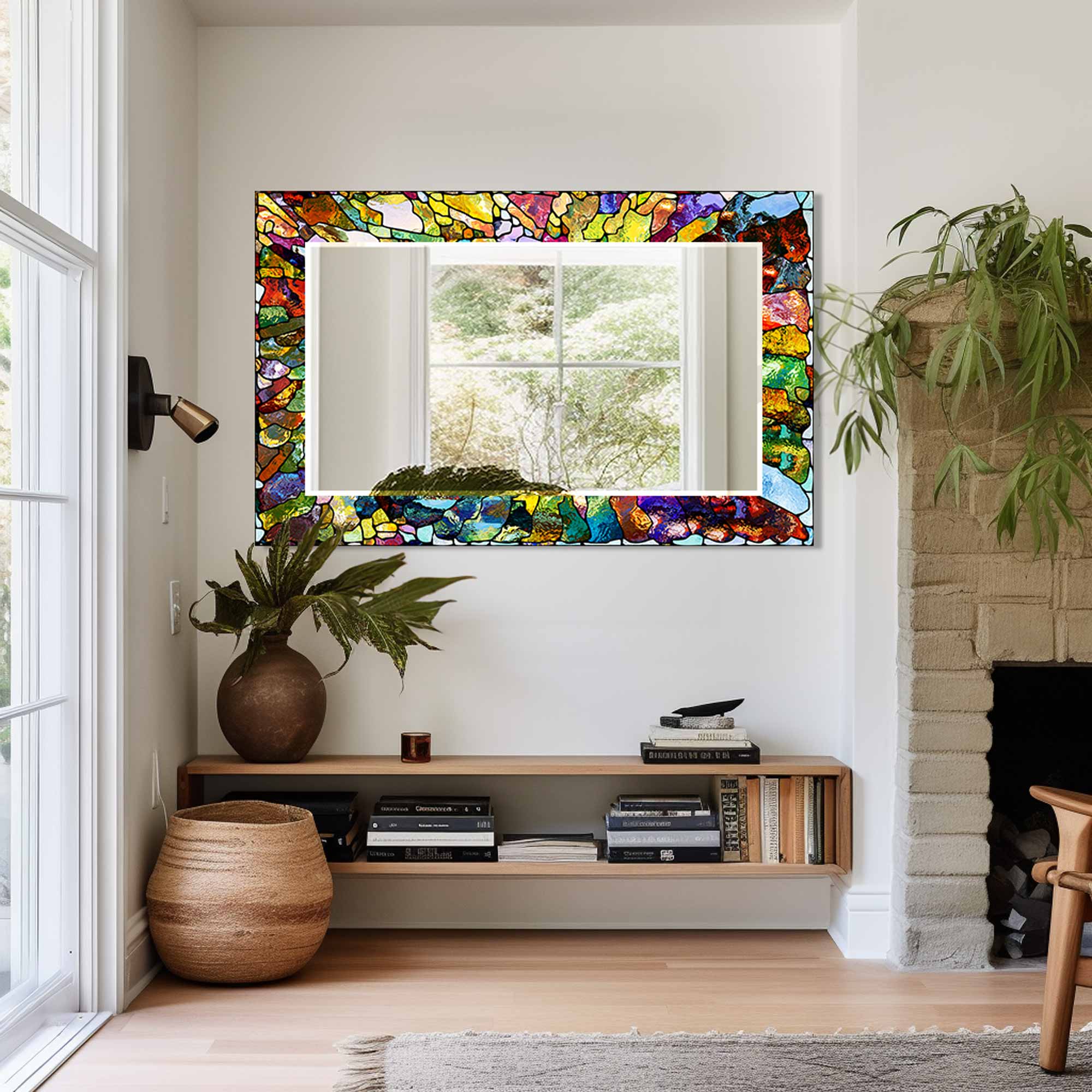 Vibrant Stained Glass Effect Tempered Mirror - Shatterproof Decorative Wall Mirror for Home Decor, Bathroom, Living Room & Bedroom