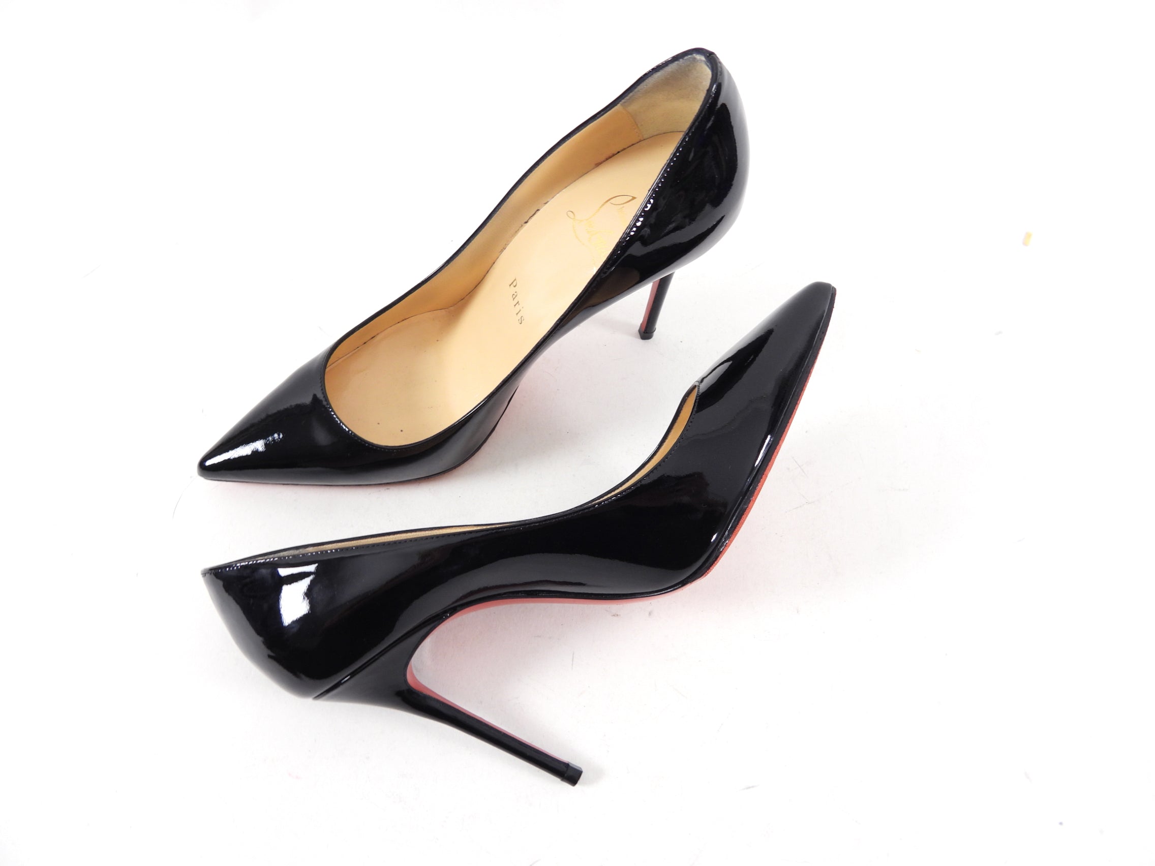 Christian Louboutin Decolette 100 Black Patent Leather Pumps - Women's Luxury High Heels (Size 35.5) for Evening Parties, Weddings & Special Occasions