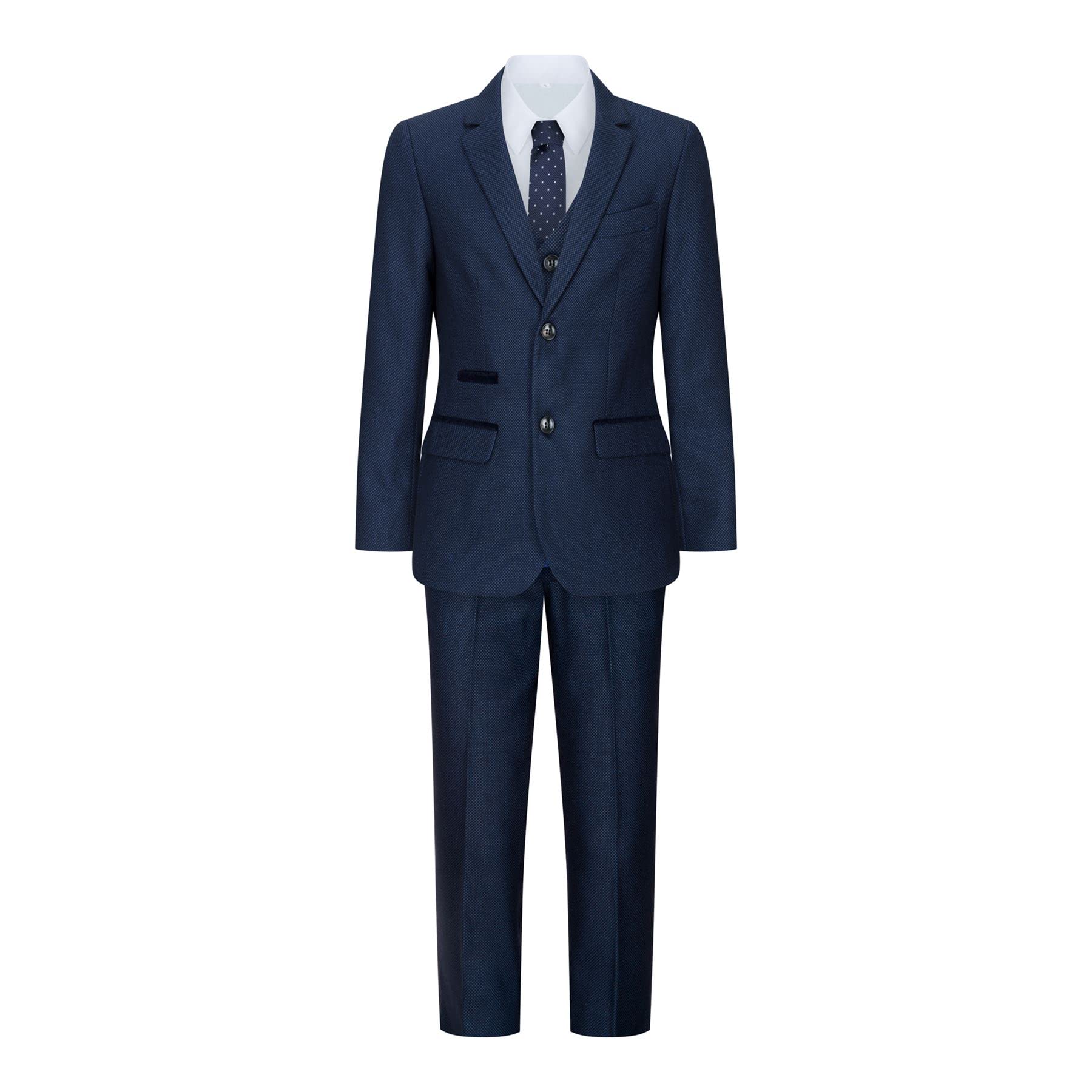 Boys Navy Blue 3-Piece Tweed Birdseye Suit - Smart Formal Wedding Outfit for Kids - Classic 1920s Style Vintage Suit for Special Occasions, Parties & Photo Shoots