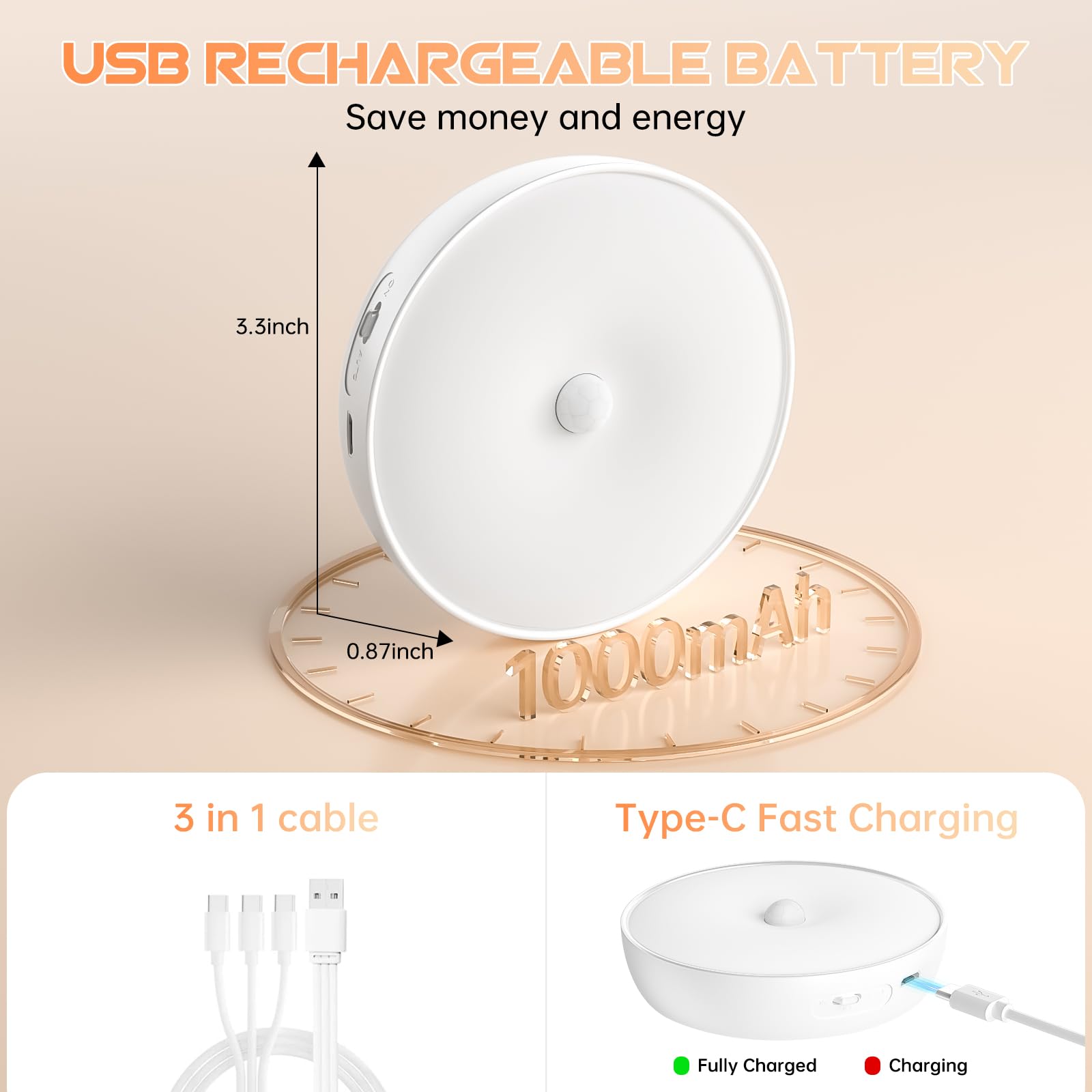 Warm White LED Closet Lights with Motion Sensor - USB Rechargeable Wireless Puck Lights, Dimmable Under Cabinet Lighting with Remote Control - Perfect for Wardrobe, Kitchen, Staircase (6 Pack)