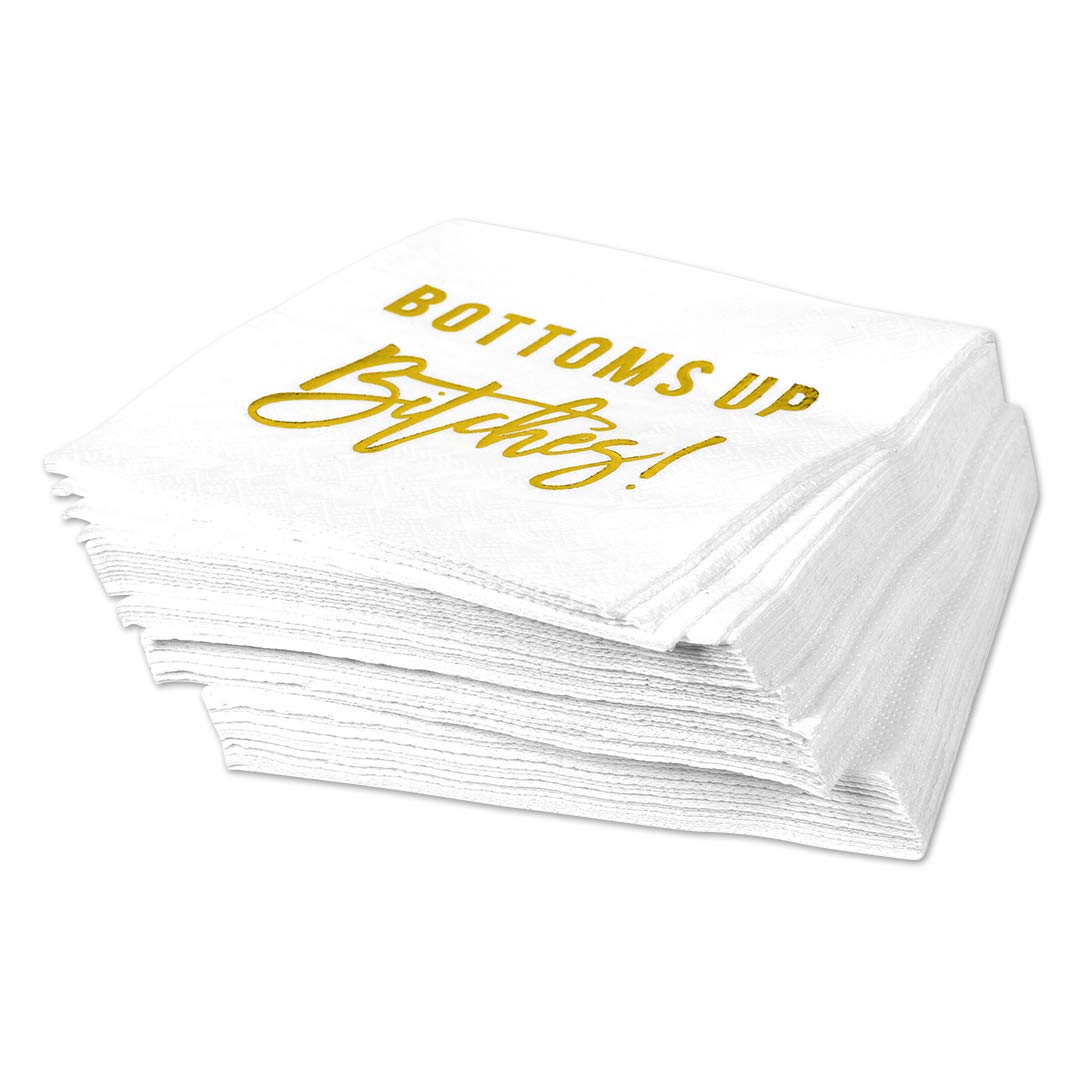 Funny Cocktail Napkins with Gold Foil - 50-Pack 3-Ply Disposable Beverage Napkins for Parties | Birthday, Retirement, Wedding & Bridal Shower Essentials | 'Bottoms Up' Humorous Quote Design | Perfect for Bar, Home Entertaining & Special Events