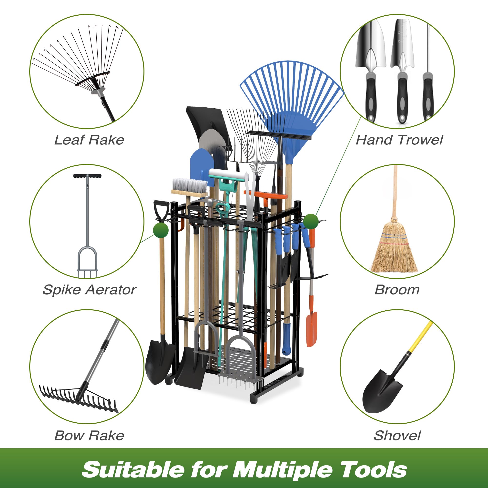 Heavy Duty Steel Garden Tool Organizer with Storage Hooks - Yard Tool Tower Rack for Garage, Shed & Outdoor Organization - Holds Up to 50 Tools - Perfect for Gardening, Landscaping & Home Storage (Black)