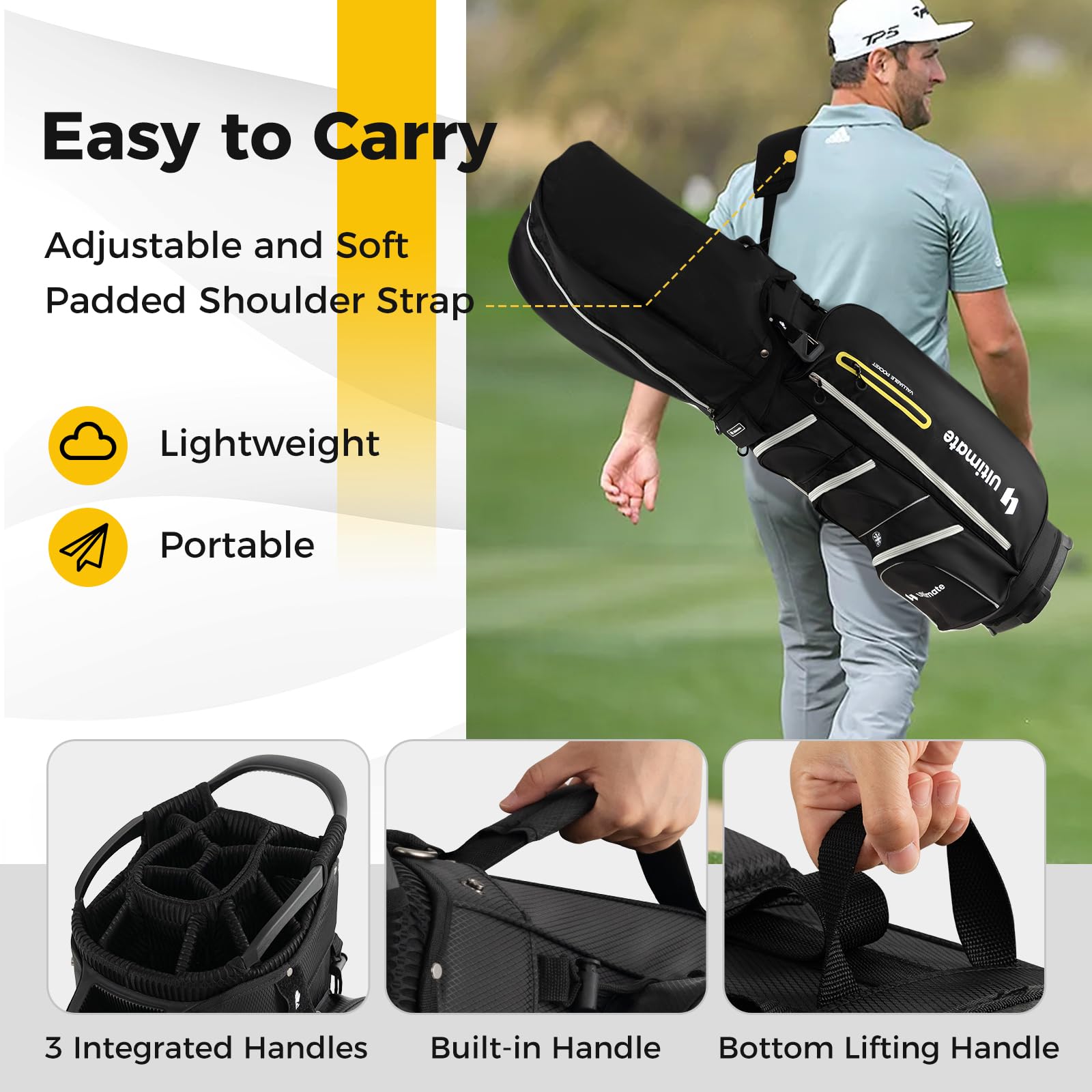 ULTIMATE Golf Cart Bag with 15-Way Top Dividers - Lightweight Portable Golf Club Organizer with Individual Putter Holder, 7 Storage Pockets, Built-in Cooler Bag, Rain Hood, Umbrella Holder & Comfortable Shoulder Strap - Perfect for Golf Tournaments, Driving Range Practice & Weekend Golf Outings