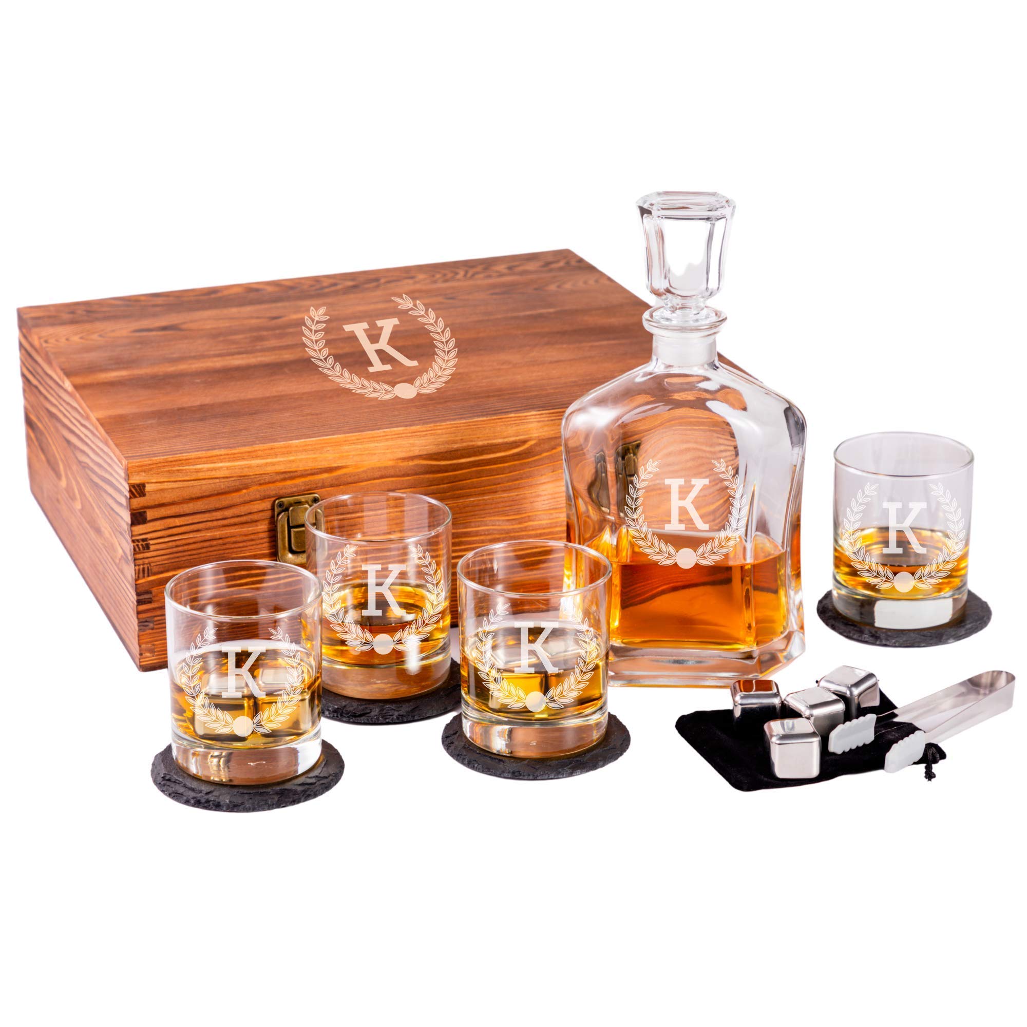 Personalized Whiskey Decanter Set with 2 Scotch Glasses & Whiskey Stones - 9 Engraved Design Options for Men - Premium Gift for Dad, Husband, Boyfriend - Ideal for Christmas, Valentine's Day & Anniversary Gifts - Perfect for Home Bars, Man Caves & Special Occasions - by Froolu