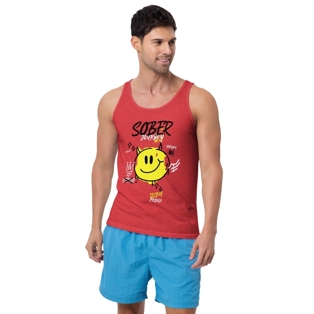 SoberFit Smiley Men's Tank Top - Sunshine Strength Series Workout Shirt for Gym, Running & Summer Outdoor Activities