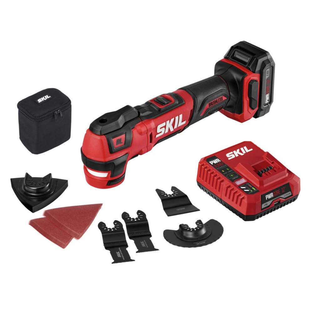 SKIL PWRCore 12 Brushless 12V Oscillating Multi-Tool Kit with 40 Accessories, 2.0Ah Lithium Battery & PWRJump Charger (OS592702) - Perfect for DIY Projects, Woodworking, Metal Cutting, and Home Renovations