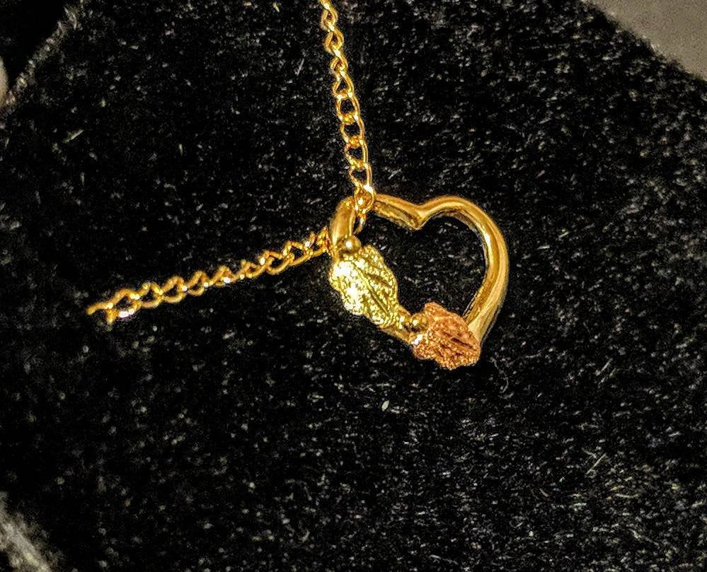 10kt Solid Gold Three-Tone Floating Heart Pendant with Red & Green Leaf Accents - Includes 18