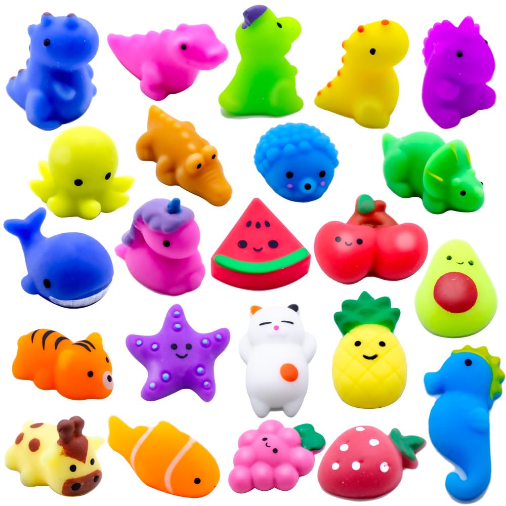 24-Piece Kawaii Squishy Toys Set - Cute Cat, Dinosaur, Fruit & Mochi Stress Relief Toys for Kids | Party Favors, Goodie Bag Fillers, Birthday Gifts | Anxiety Relief, Sensory Play & Classroom Rewards